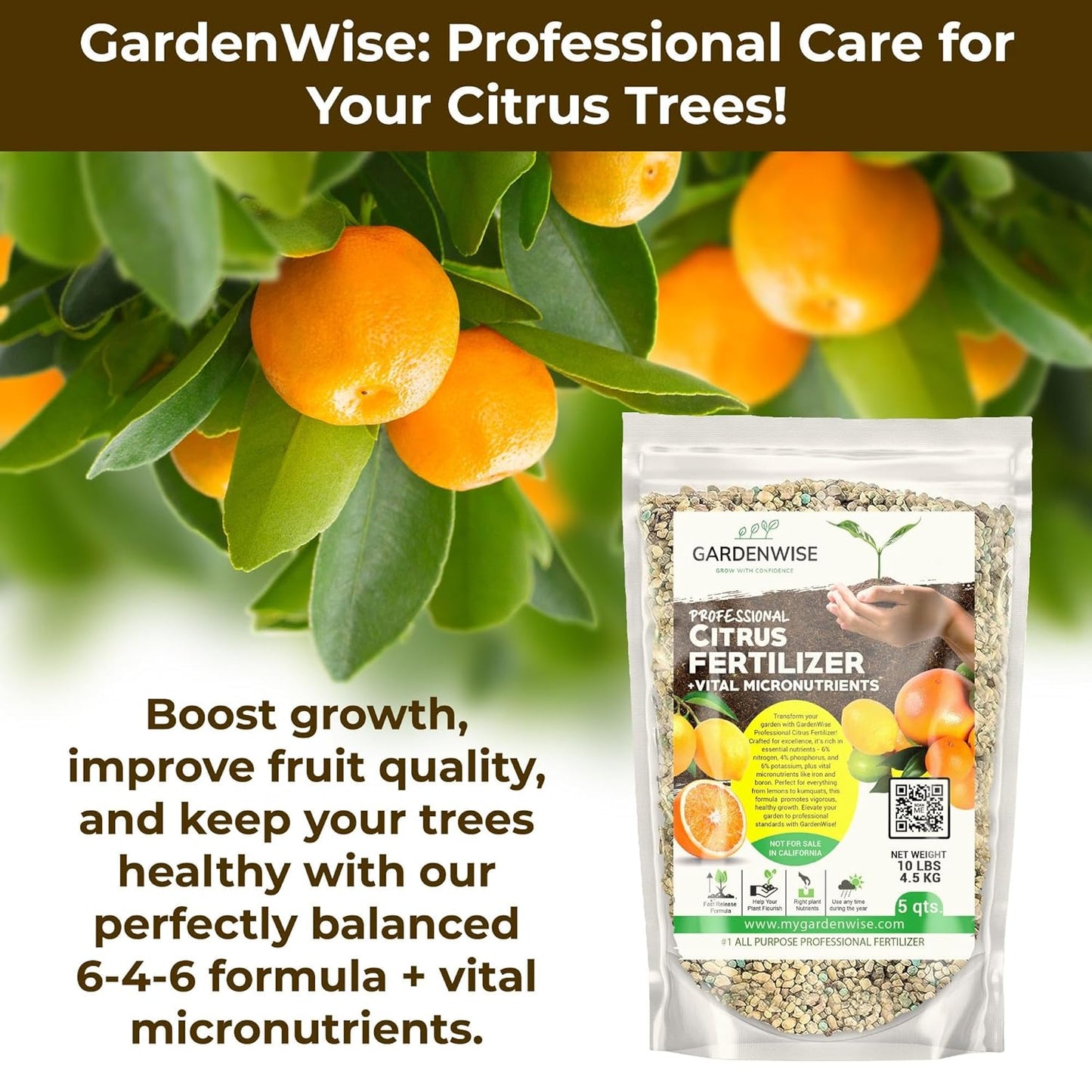 Professional Citrus Fertilizer + Vital Micronutrients; Perfect Balanced NPK for All Citrus; for Indoor and Outdoor Plants; Orange, Lime, Avocado and Lemon Tree Fertilizer (4 QUARTS)