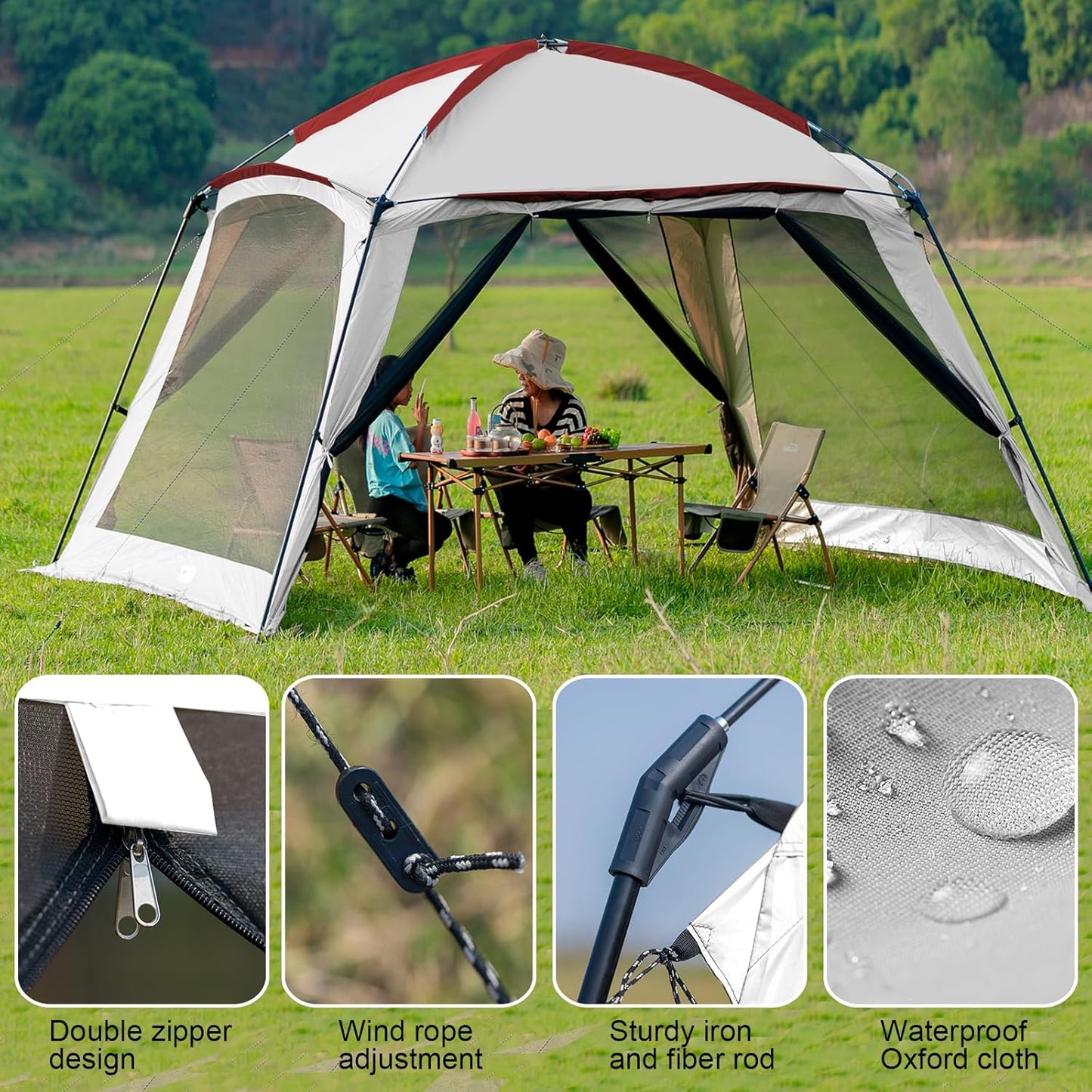 12x12 Ft Screen House Tent - Instant Pop Up Mesh Canopy Shelter with Waterproof & Sunshade Roof, Easy Setup for Camping, Backyard, Beach, Picnic, Red White