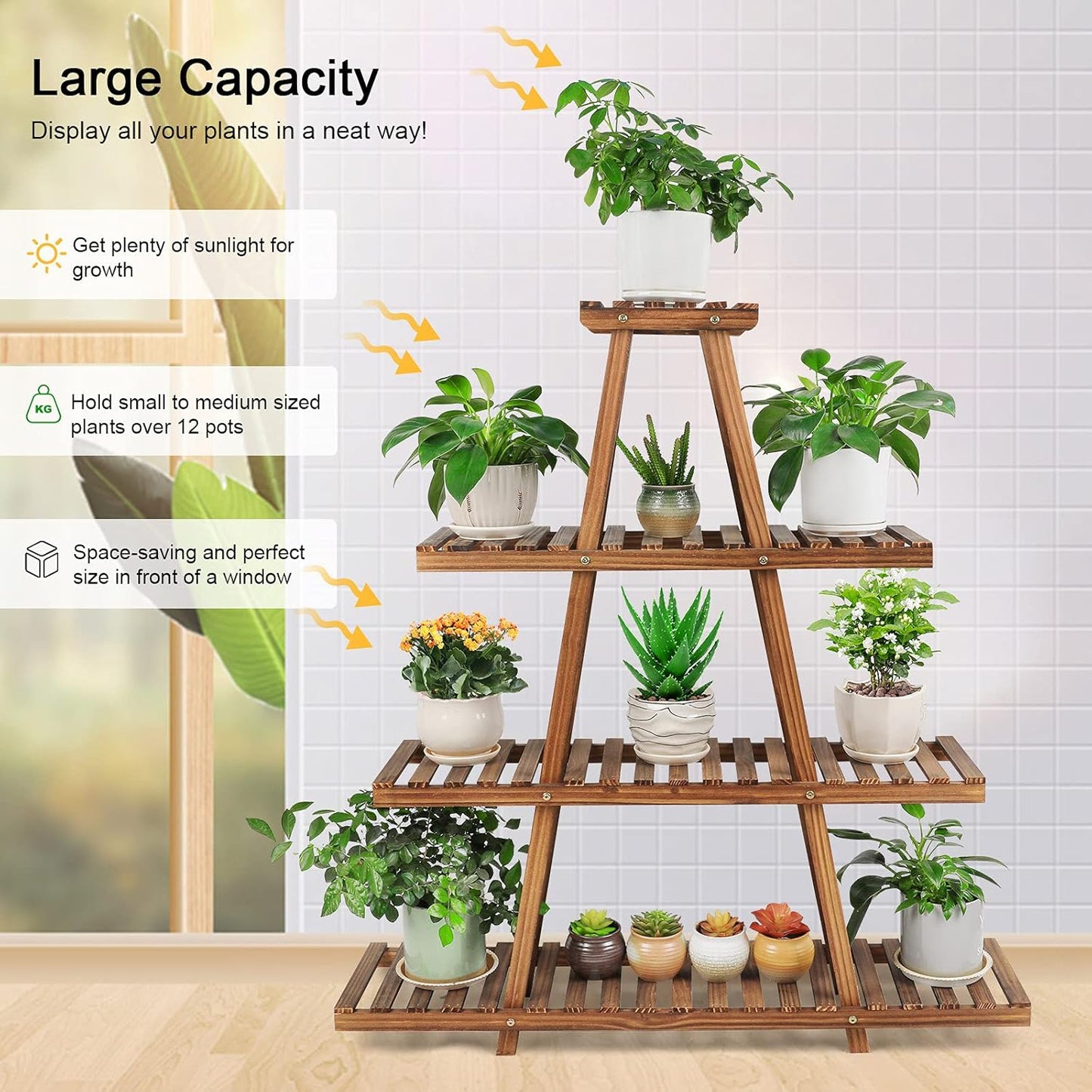 Ufine 4 Tier Wood Plant Stand Indoor Outdoor A Frame Plant Display Shelf for Multiple Plants Flower Pot Holder Rack, Living Room Balcony Patio