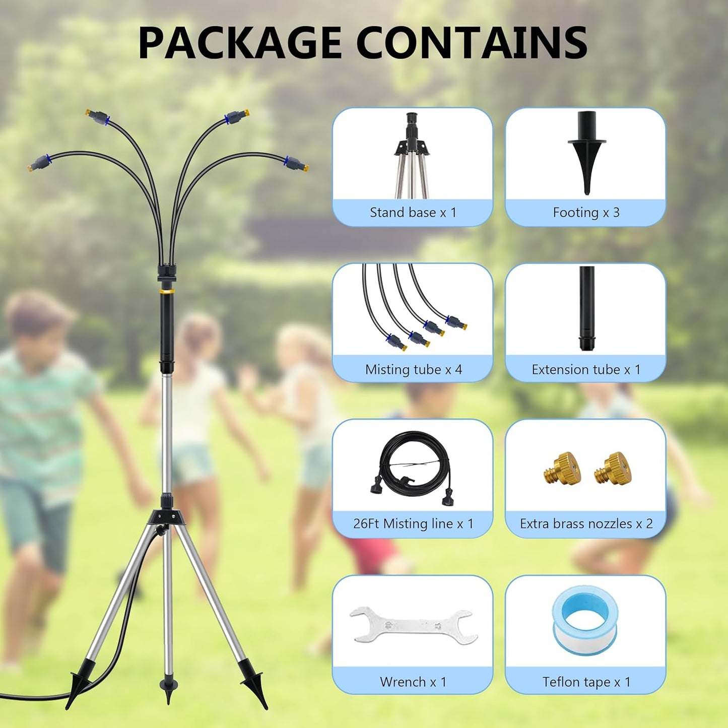 26Ft Standing Misting System, Standing Misters for Outside Patio, Adjustable Height 4.1 FT, Portable Stand Mister for Water Mist Playing, Patio Cooling