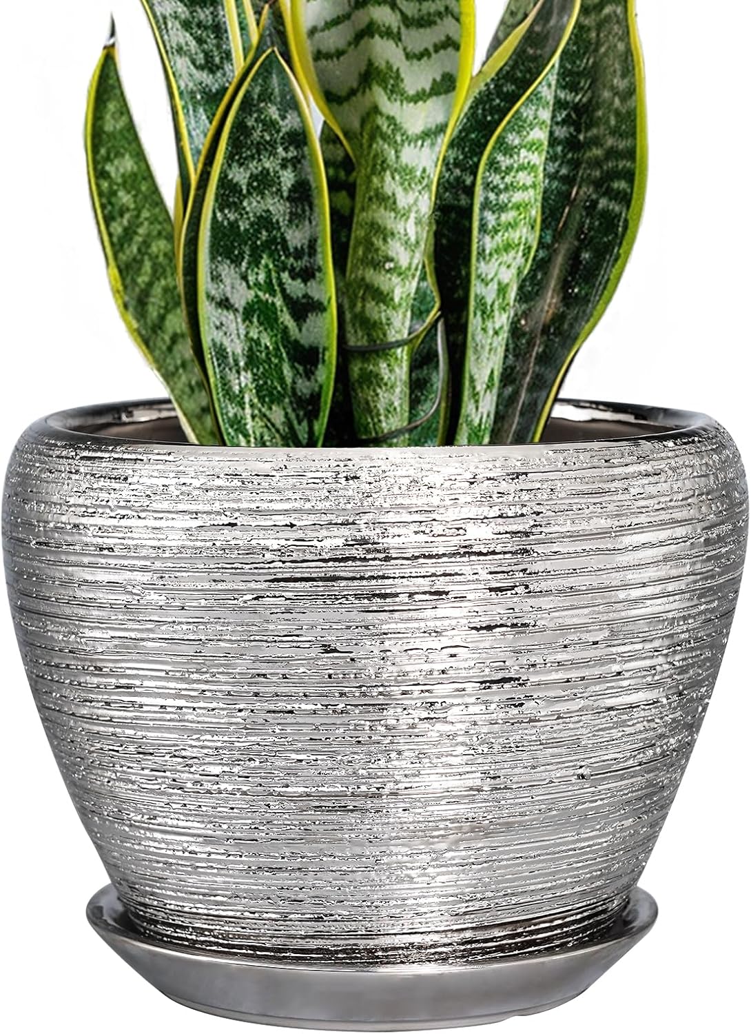Pot for Plants 8 Inch - Ceramic Plant Pot Indoor with Drainage Hole and Saucer Decorative Planter for Indoor Plants Modern Round Flower Pot for Home Decor Silver
