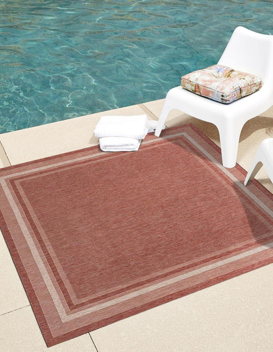 Unique Loom Outdoor Border Collection Area Rug - Soft Border (7' 10" Square Rust Red/Ivory)