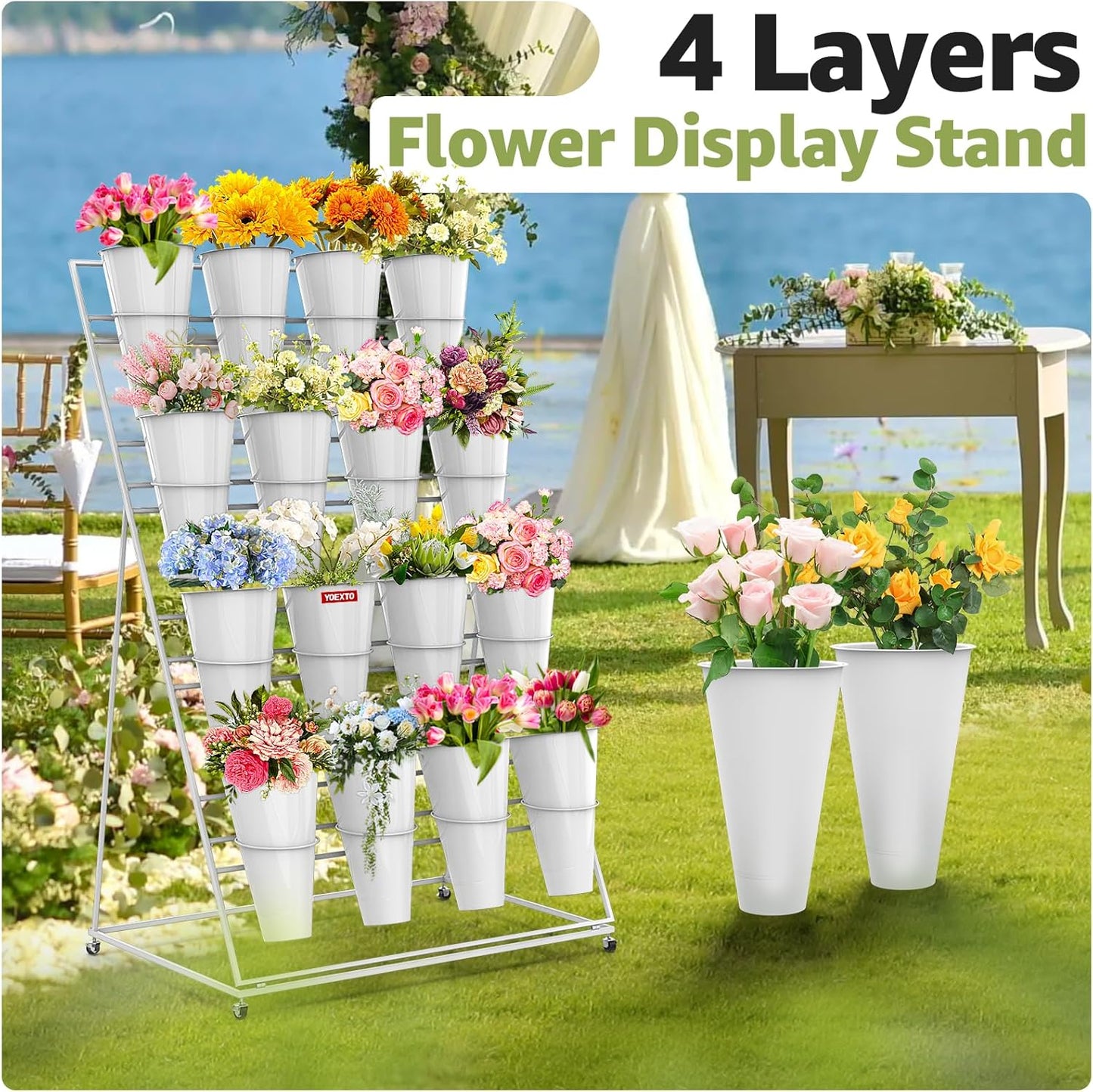 Flower Display Stand 4 Layers with 16 PCS Round Buckets, Plant Stand with Wheels, Movable Metal Plant Stand for Terrace Garden, Florist Shop
