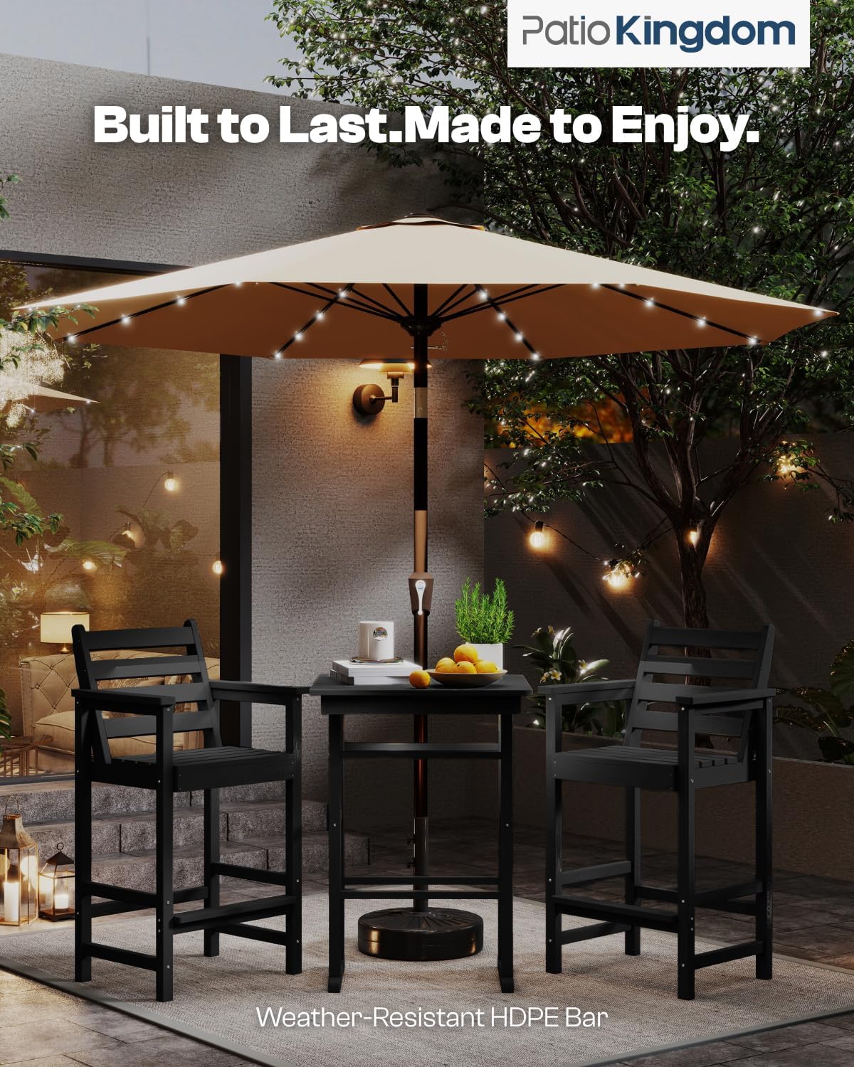 3-Piece Outdoor Bar Set with Beige 9FT Patio Umbrella, HDPE Tall Balcony Adirondack Chairs and Table, All-Weather Outdoor Bar Stools for Patio (Black)