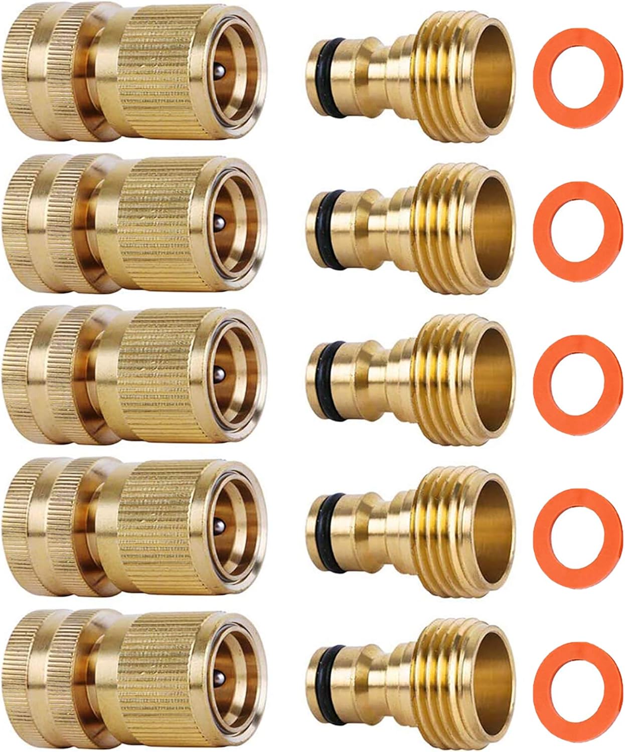 Garden Hose Quick Connectors, Solid Brass 3/4 inch GHT Thread Easy Connect Fittings No-Leak Water Hose Male Female Value Pack (5)