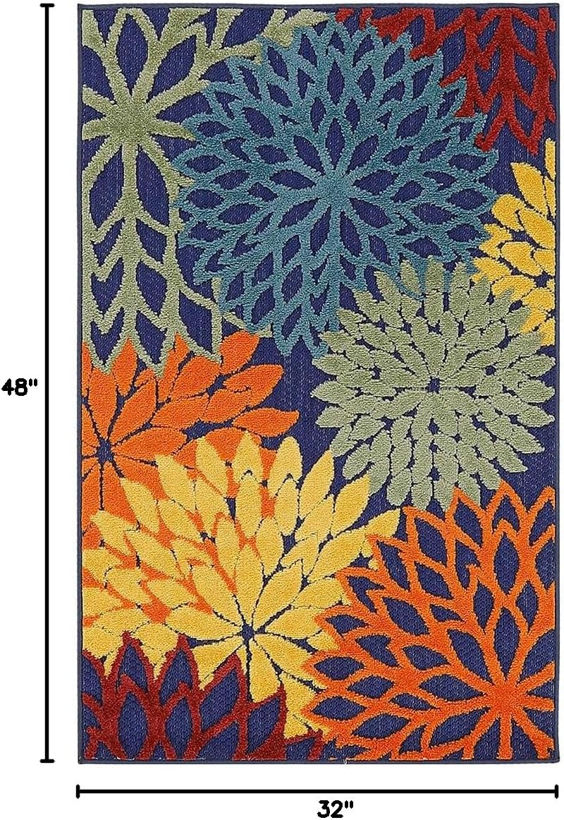Nourison Home Aloha Indoor-Outdoor Navy Multicolor 2'8" x 4' Area Rug, Easy Cleaning, Non Shedding, Bed Room, Living Room, Dining Room, Backyard, Deck, Patio (3x4)