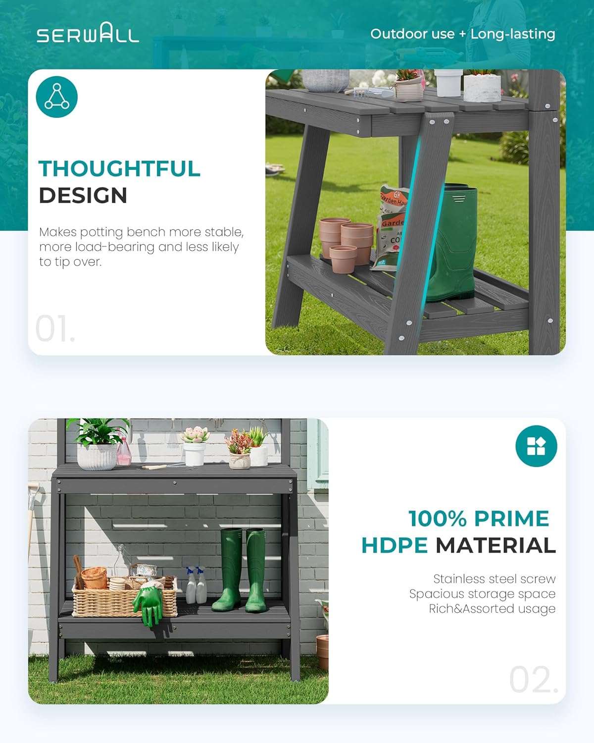 SERWALL Potting Bench Outdoor with Storage, 3-Tier HDPE Gardening Table with Angled Legs & Tool Hooks, All-Weather Heavy Duty Potting Table for Patio, Backyard, Garden, Gray