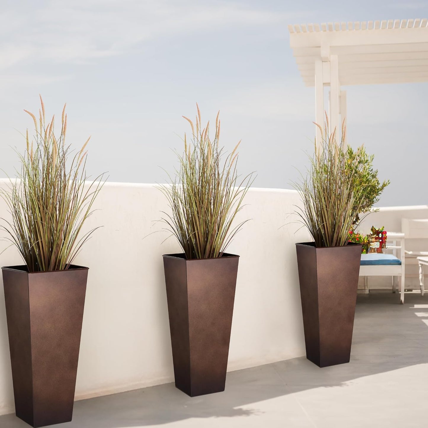 KOL 25'' & 28'' Tall Galvanized Steel Planter with Saucer, Metal Planter Pots for Indoor & Outdoor Use, Decorative Flower Plant Pots with Drainage Hole for Front Porch, Patio, Deck - Rust Color