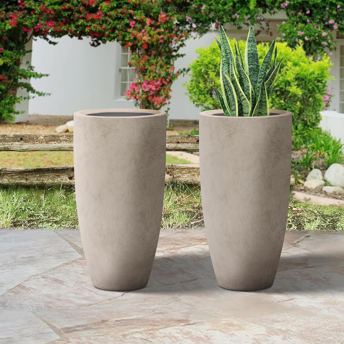 Kante 23.6" H Weathered Concrete Tall Planters (Set of 2), Large Outdoor Indoor Decorative Plant Pots with Drainage Hole and Rubber Plug, Modern Style for Home and Garden