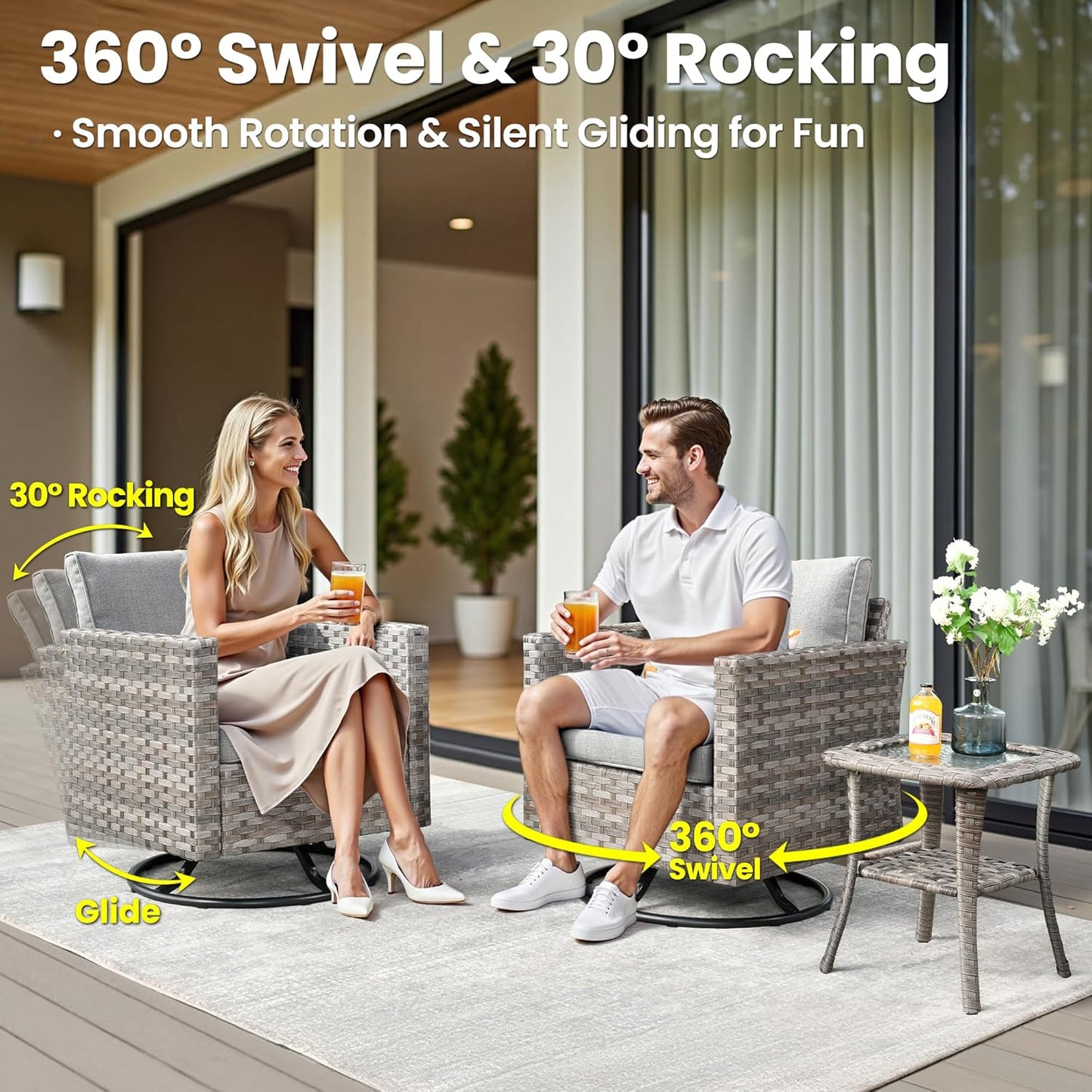 ovios 9 Pieces Patio Furniture Set, Outdoor Wicker Sectional Sofa with 2 Swivel Chairs Coffee Table, Modern Modular Deep Seat Rattan Couch Conversation Sets, Dark Grey