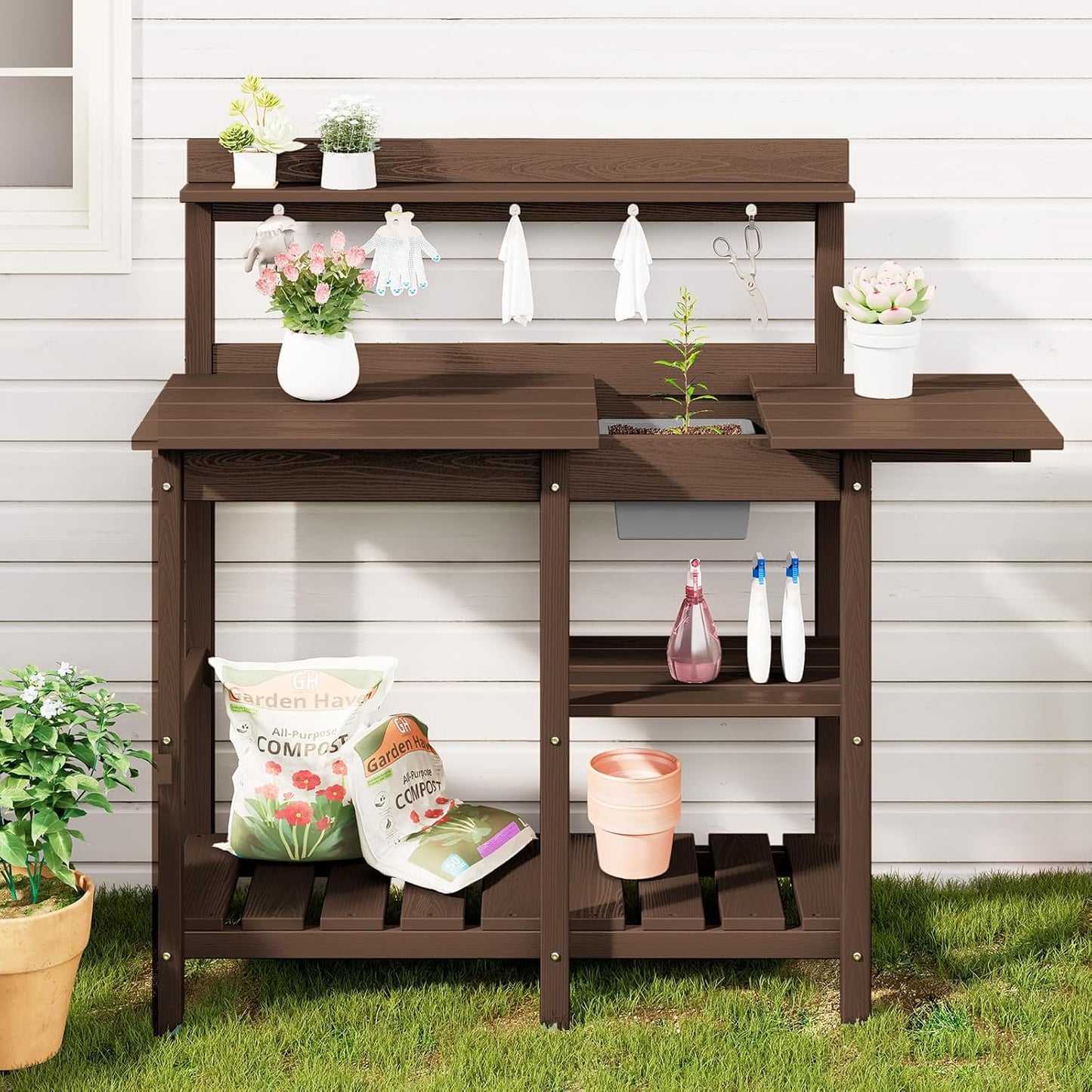 SERWALL Potting Bench Outdoor Potting Table with Sink, HDPE Potting Benches for Outside Gardening Table All Weather Use- Coffee