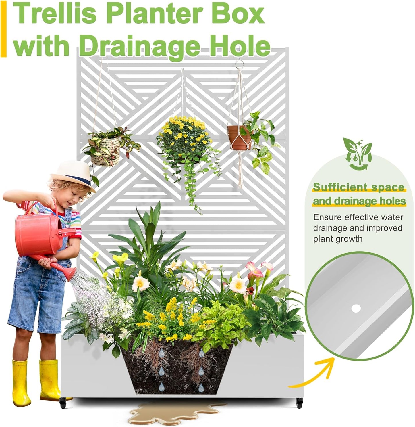 FENCY Metal Raised Garden Bed with Wheels and Trellis,73"x47"x16" Planter Box for Climbing Plants, Vegetables & Vines, Features Privacy Screen and Drainage Holes (White-Modern)