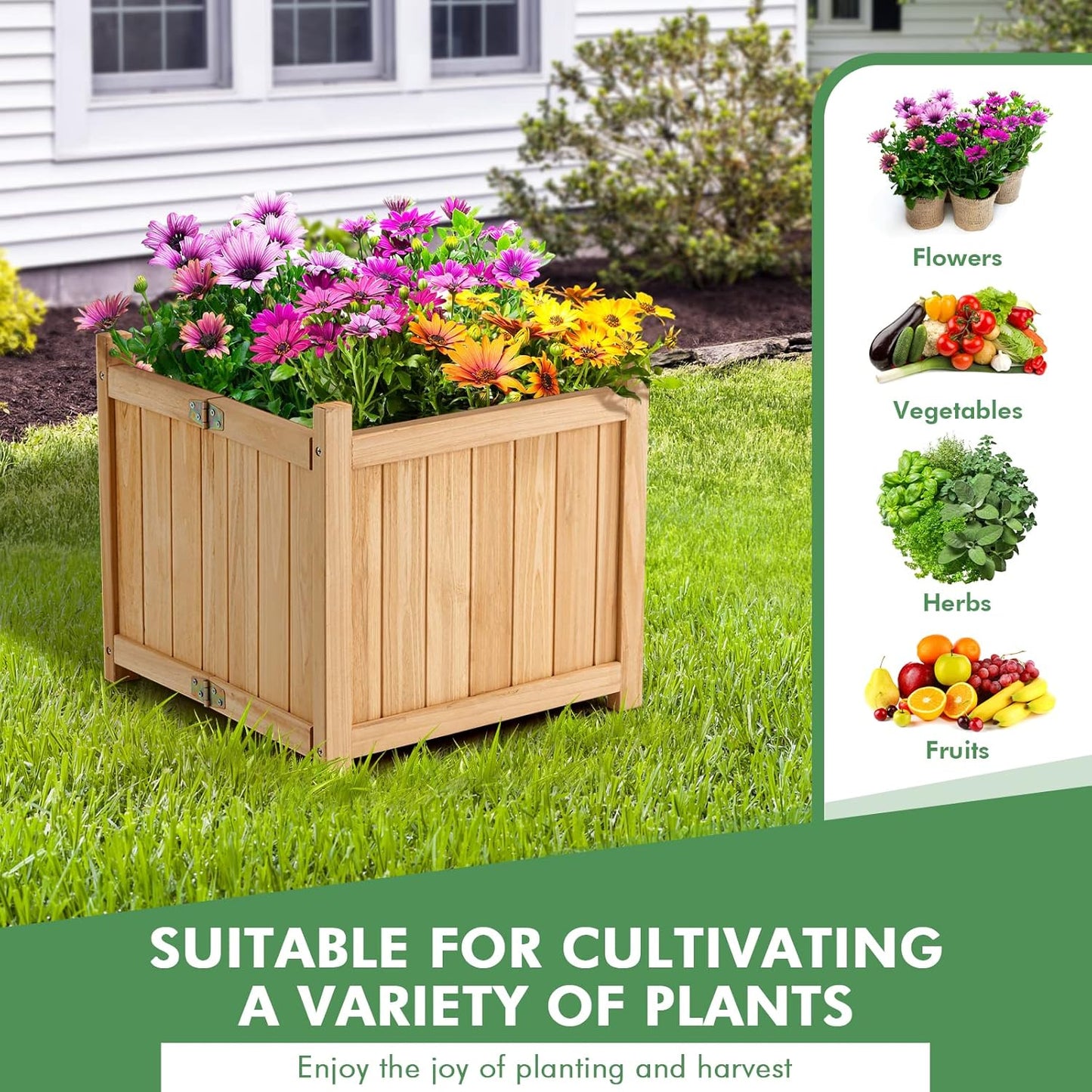 S AFSTAR Outdoor Wooden Planter Box, Folding Raised Garden Bed W/Drainage Hole, Patio Square Plant Container for Flowers, Vegetables, Fruits, Herbs, Collapsible Planting Box for Yard, 15" x 15" x 14"