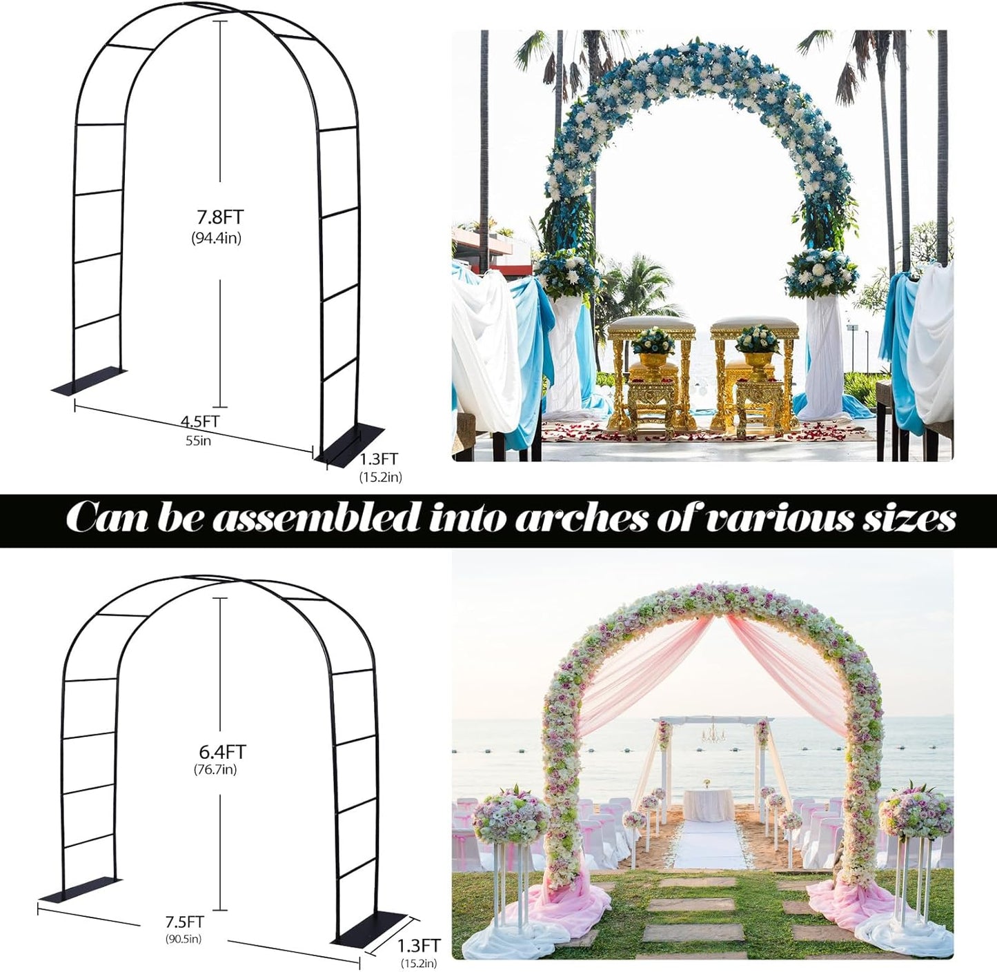Thickened Rustproof Garden Arch, Wedding Arch- 4.6 * 7.8 or 6.4 * 7.5Ft, Easy to Assemble, Long Lasting and Durable, Metal Arch for Garden Arbor Trellis & Climbing Plant
