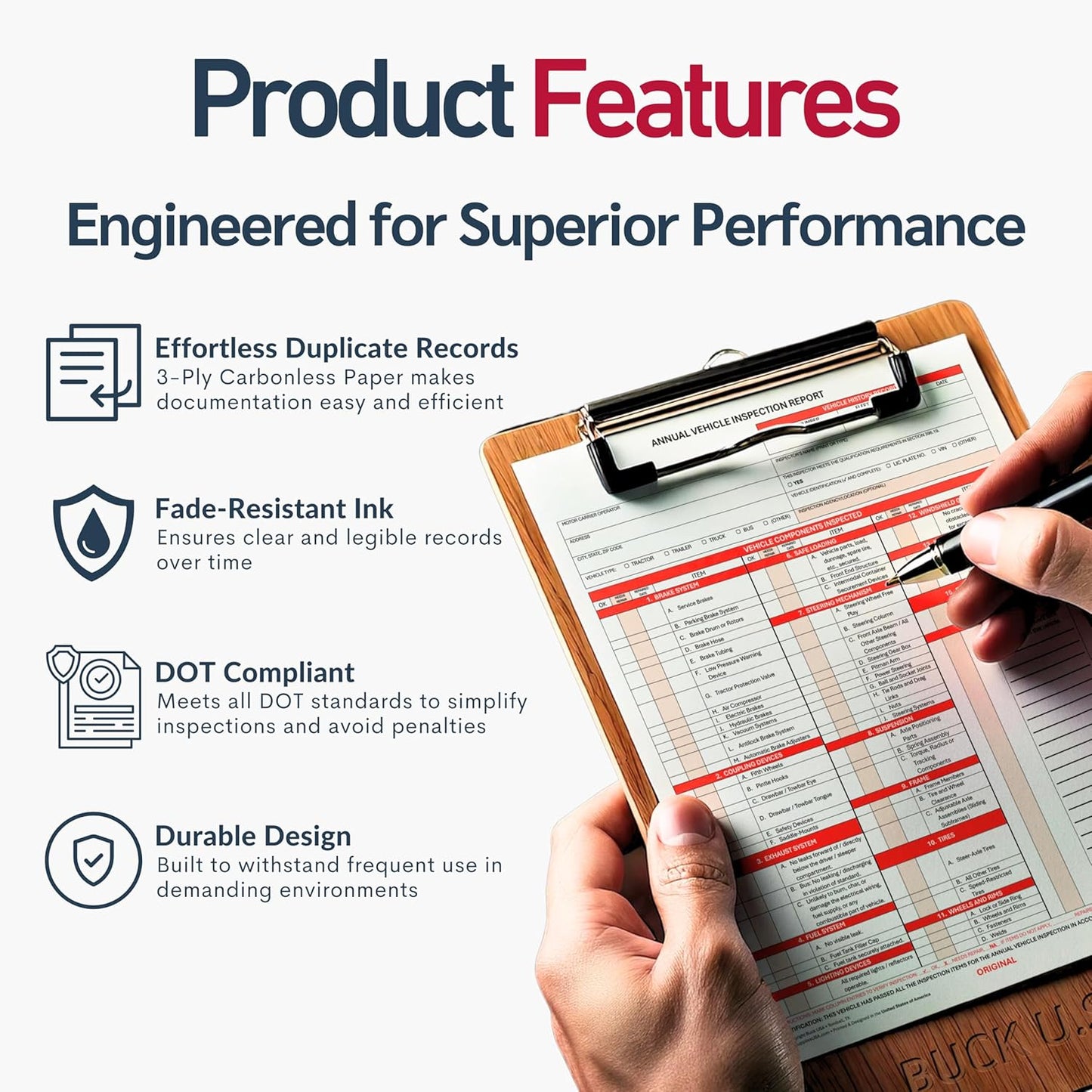 25 Pack Buck 3-Ply Carbonless Annual Vehicle Inspection Report Forms with Red Aluminum FMCSA Adhesive Labels with Punch Boxes, FMCSA & DOT Compliant, Shrinkwrapped Bundle, 8.5" x 11.8" - Made in USA