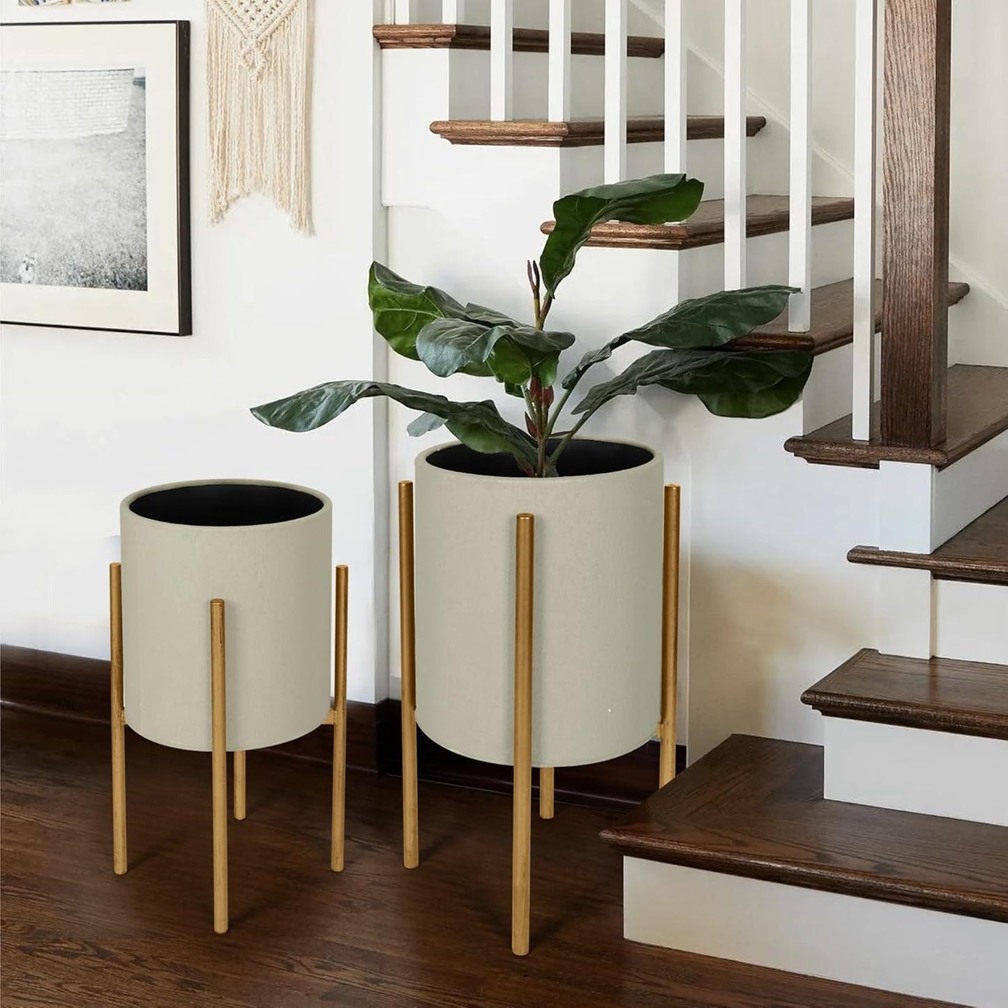 Oakrain Plants Pots with Stand, Set of 2 Planters for Indoor Plants, Modern Decorative Metal Flower Pots for Living Room, Garden, Balcony, 10"&12", Cement Gray Frosted