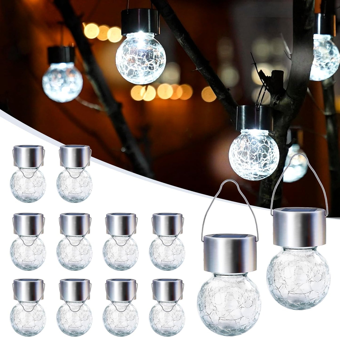 GIGALUMI 12 Pack Solar Outdoor Lights, Solar Hanging Lights for Christmas Decoration-Cracked Glass Solar Lights Outdoor Waterproof for Garden, Yard, Fence, Tree(Cold White)