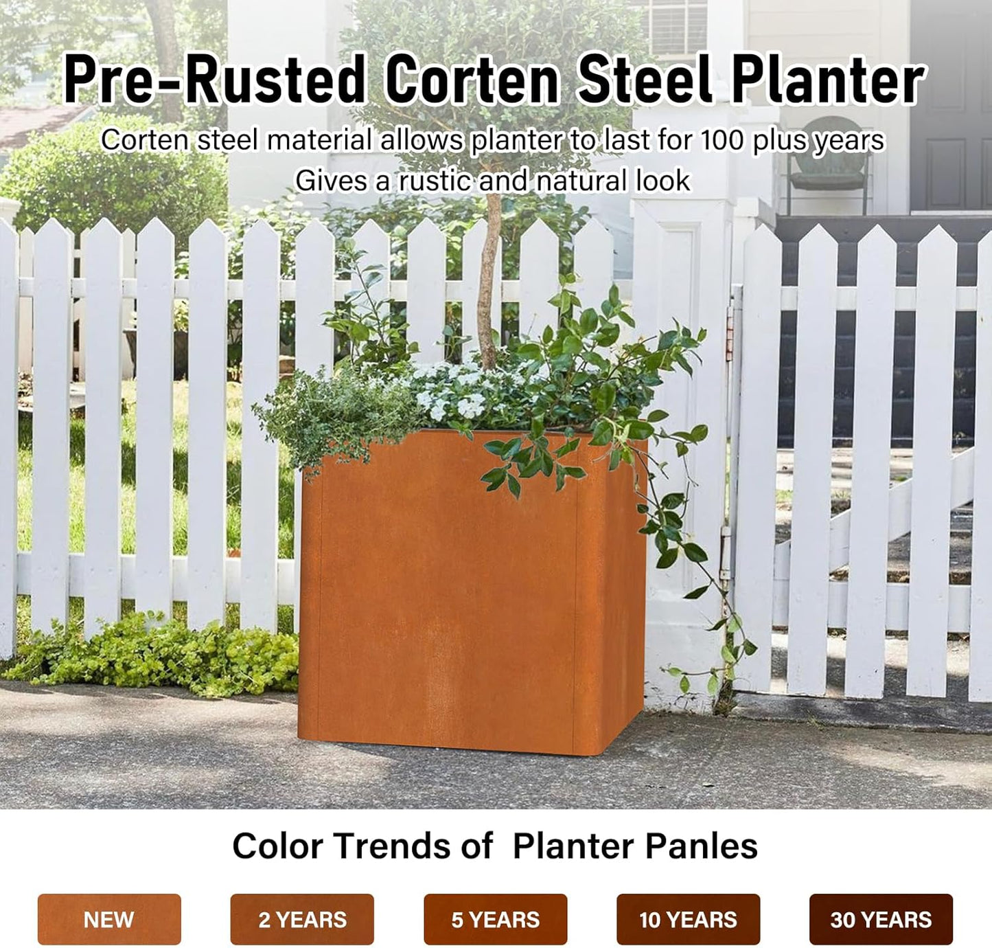 Corten Steel Planter Box 24"x24"x25", Large Square Metal Planter Indoor&Outdoor, Large Cube Planters with Drainage Hole for Porch/Patio/Garden