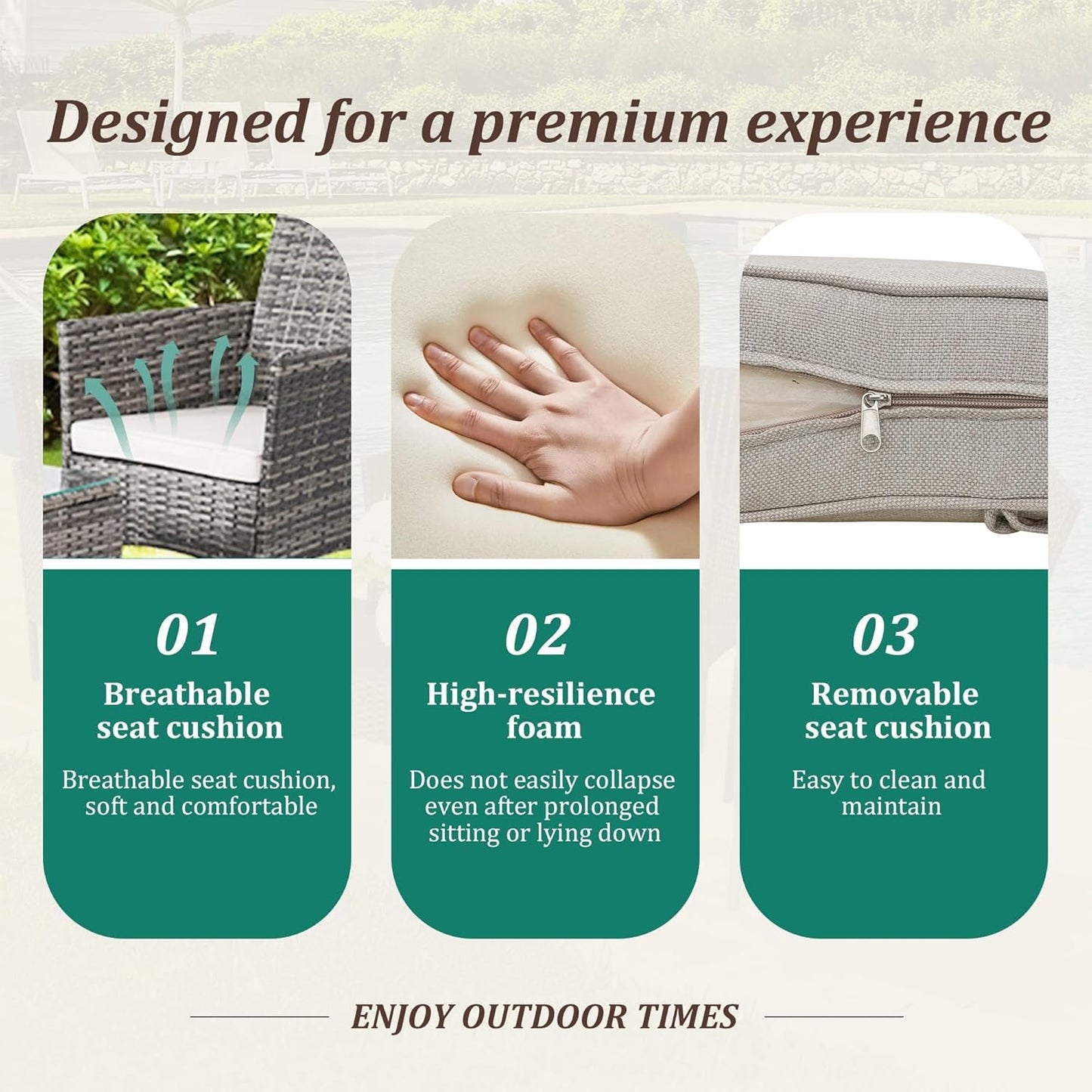 3 Piece Patio Furniture Set - Outdoor Conversation Sets with Coffee Table, Rattan Chair Set for Garden/Poolside, Beige/Brown