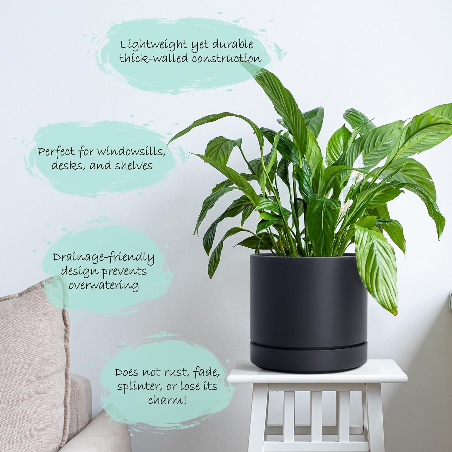 Phoenix Vine 6 Inch Planter Pot with Drainage Hole & Saucer, Deep Water Catch Tray, Straight Cylindrical Round Pot for Plants, Matte Black, Pack of 3, 23-C-S-3