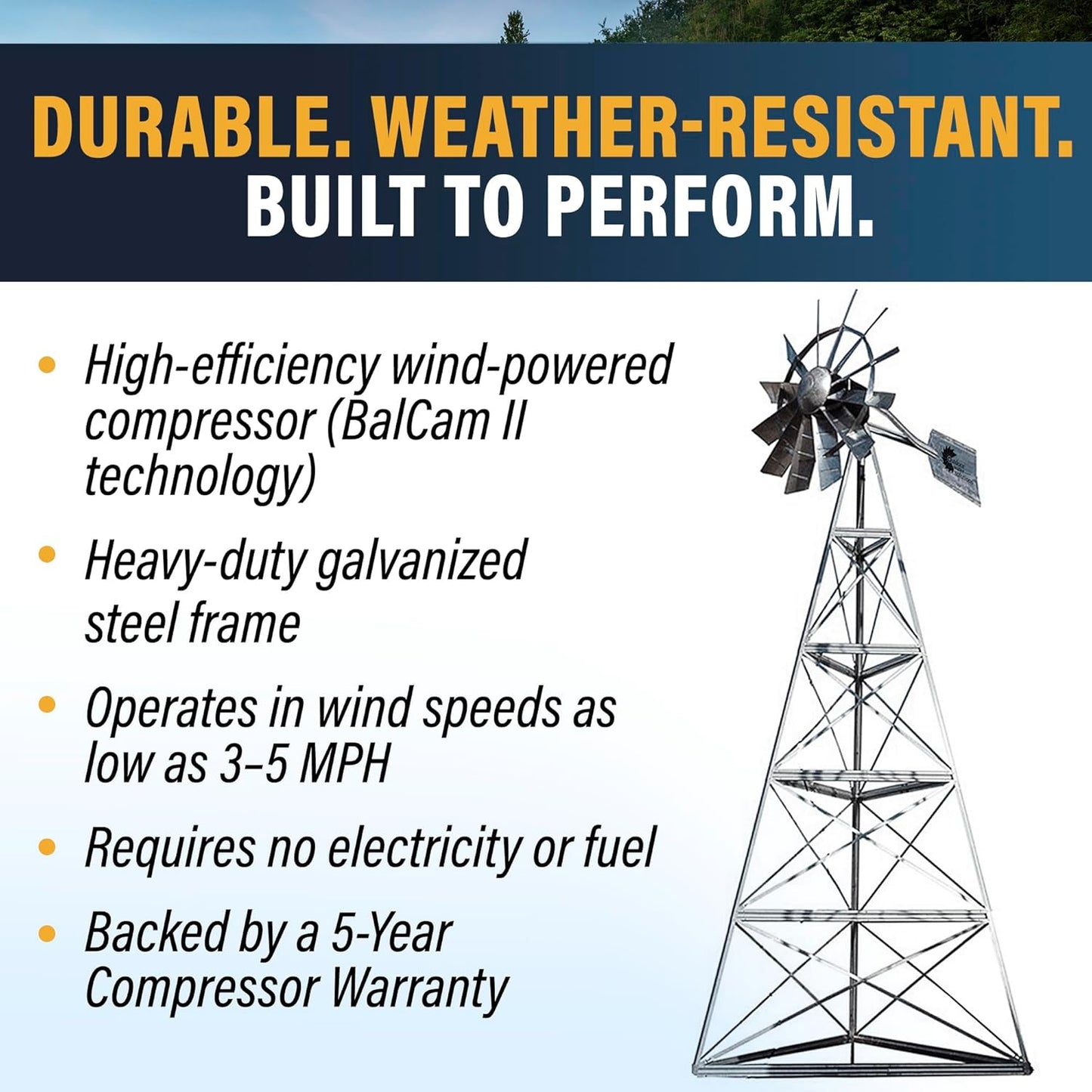 AWS0011 12-Foot Windmill Pond Aerator – Galvanized 3-Legged Aeration System – 4.5 CFM Output – BalCam Technology – Aerates Ponds Up to 1 Acre
