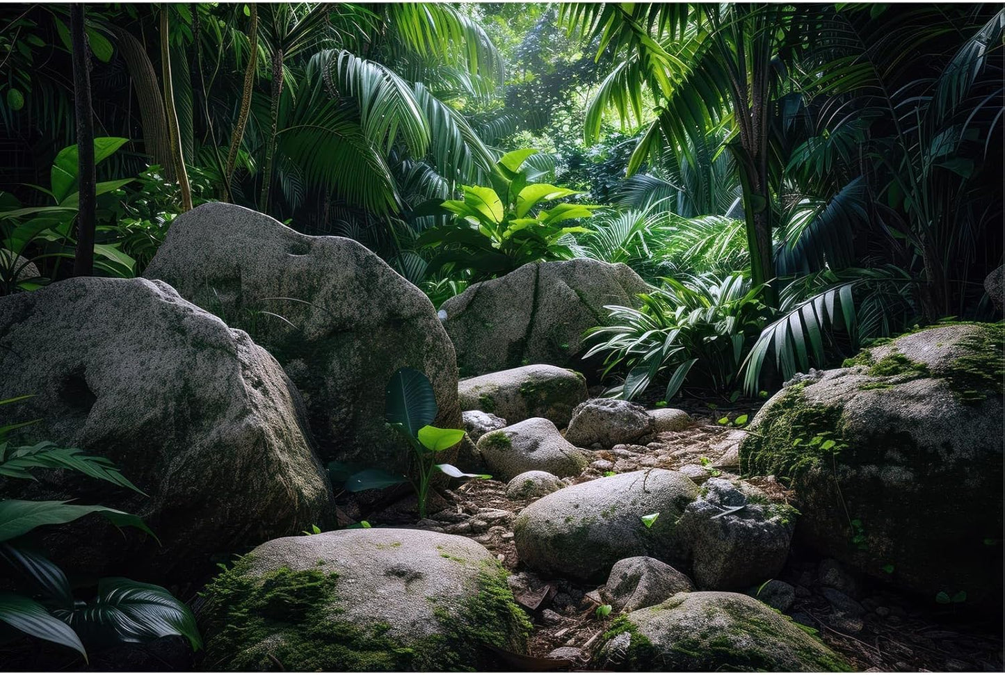 Reptile Habitat Backdrop Lush Tropical Plants and Rocks Terrarium Backdrop Dense Vegetation with Large Broad Leaves and Ferns Fish Tank Background Aquarium Wallpaper Poster Decor Vinyl 60x24in
