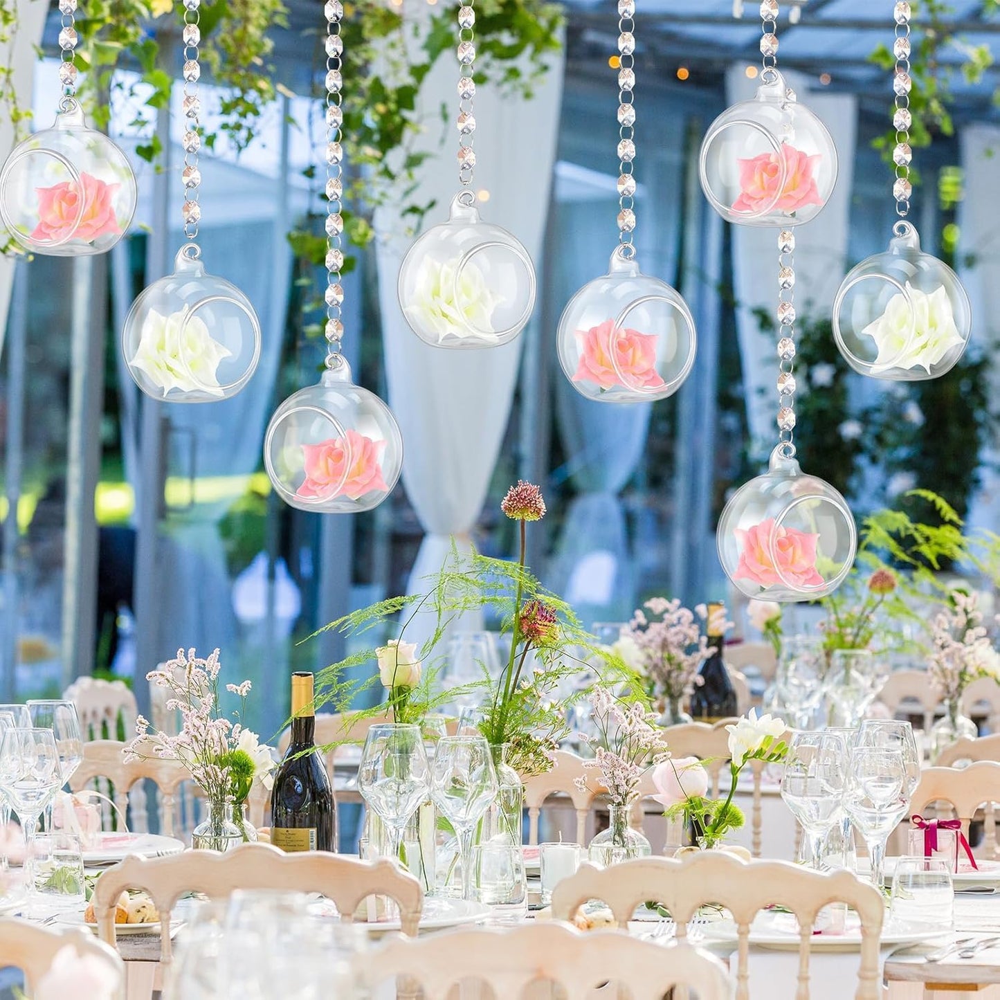 12 Sets Hanging Glass Candle Holder Wedding Glass Globe with Acrylic Gems Bead Garland Tea Light Holder Orbs Container for Flower Plants Micro Landscape DIY Xmas Tree Party Decoration 2.36 Inch