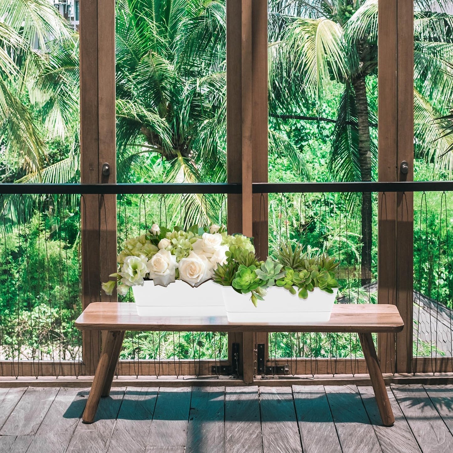 Lainrrew 3 Pack Window Box Planters, 12 Inches Rectangular Planter Plastic Flower Box Plant Pots Plant Containers with Tray for Balcony, Windowsill, Garden, Home Office Outdoor Decoration, White