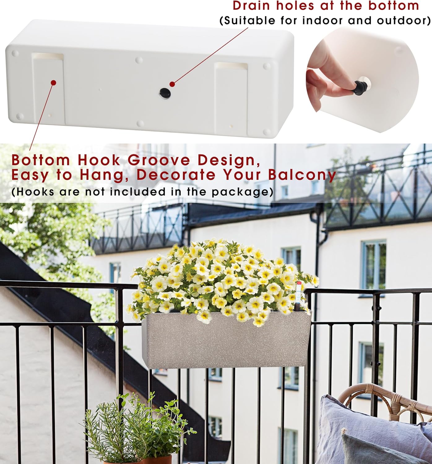 GardenBasix Elongated Self Watering Planter Pots 2-Pack Window Box 5.5 x 16 inch Indoor Home Garden Modern Decorative Pot for All House Plants Flowers Herbs (Coffee,2)