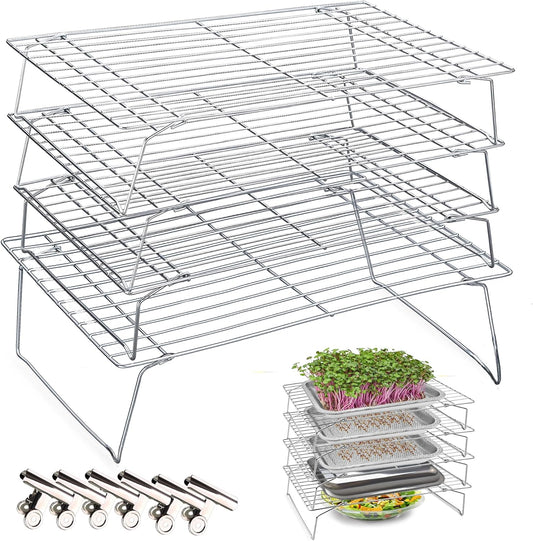Sprouts Growing Rack 4-Tier 14 inch Shelf, Metal Foldable Plant Stand for Sprouting Tray Indoor, Seed Starting Tray Plant Shelf, Silver Rack for Kitchen Table Top Space Saving