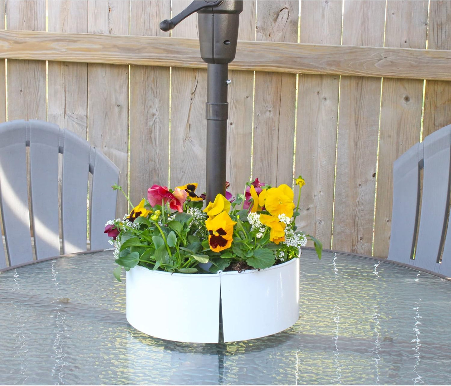 AuldHome Design Umbrella Planter for Patio Table w/Umbrella Hole (White), Enamelware Half-Circle Planter Pots