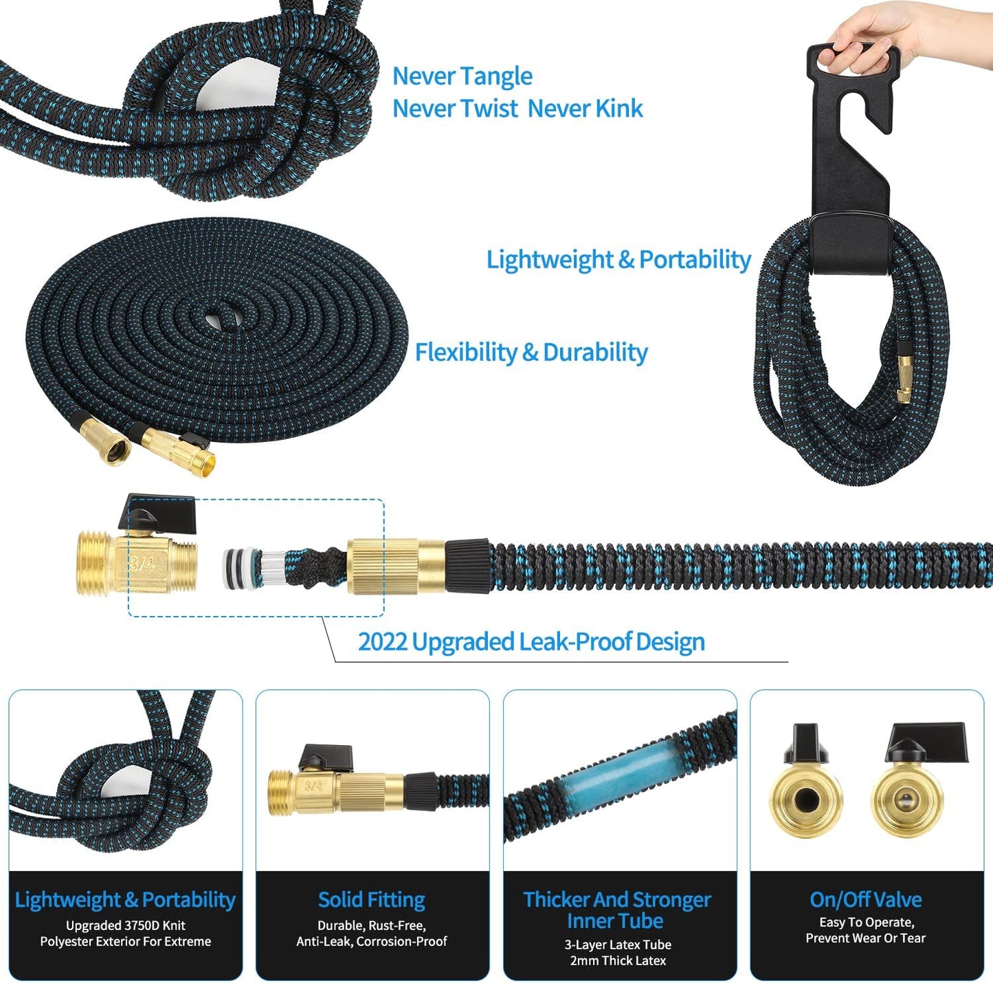 50 ft Expandable Garden Hose with 10 Function Nozzle Sprayer, Lightweight Flexible Water Hose with Durable Collapsible Latex Core & Solid Brass Fittings, 50ft Retractable Stretch Hose(Black Blue)