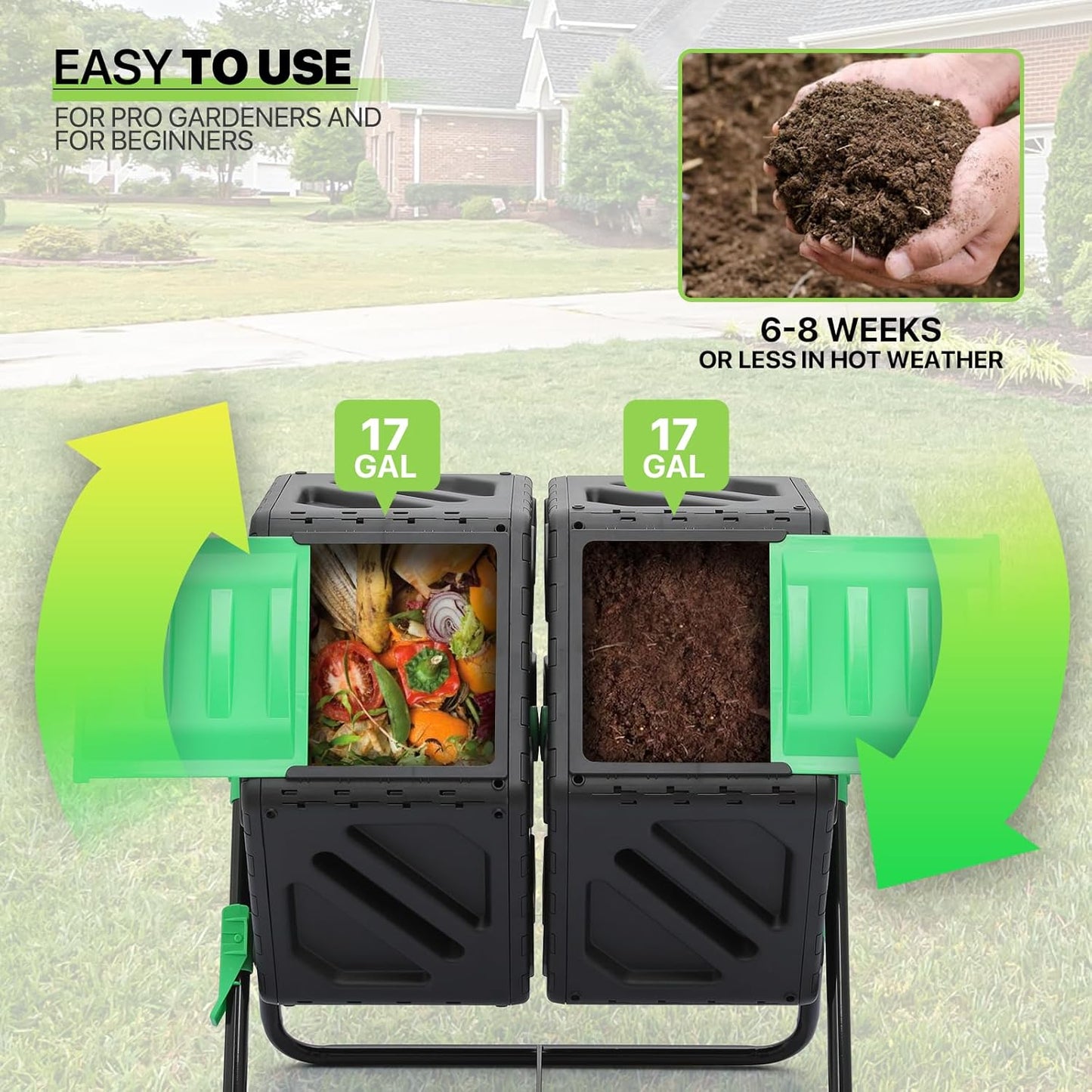 Magshion 34 Gal Dual Chamber Compost Tumbler from BPA Free Material, Outdoor All-Season Fast-Working High Volume Composter Tumbling Bin, Sliding Doors