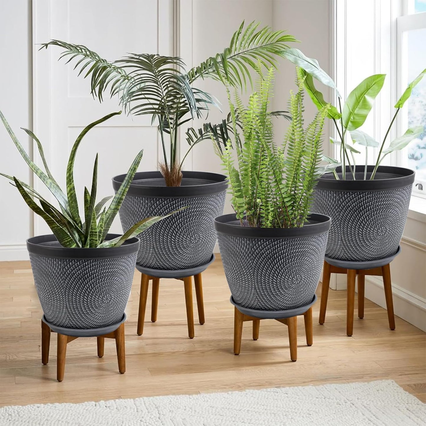 Quarut 4 Pack 15 Inch Large Planter Pot for Plants Outdoor Indoor, Plastic Flower Pots with Drainage Hole & Saucer, Modern Decorative Medium Large Plant Garden Pot, Plant Container for House (Gray)