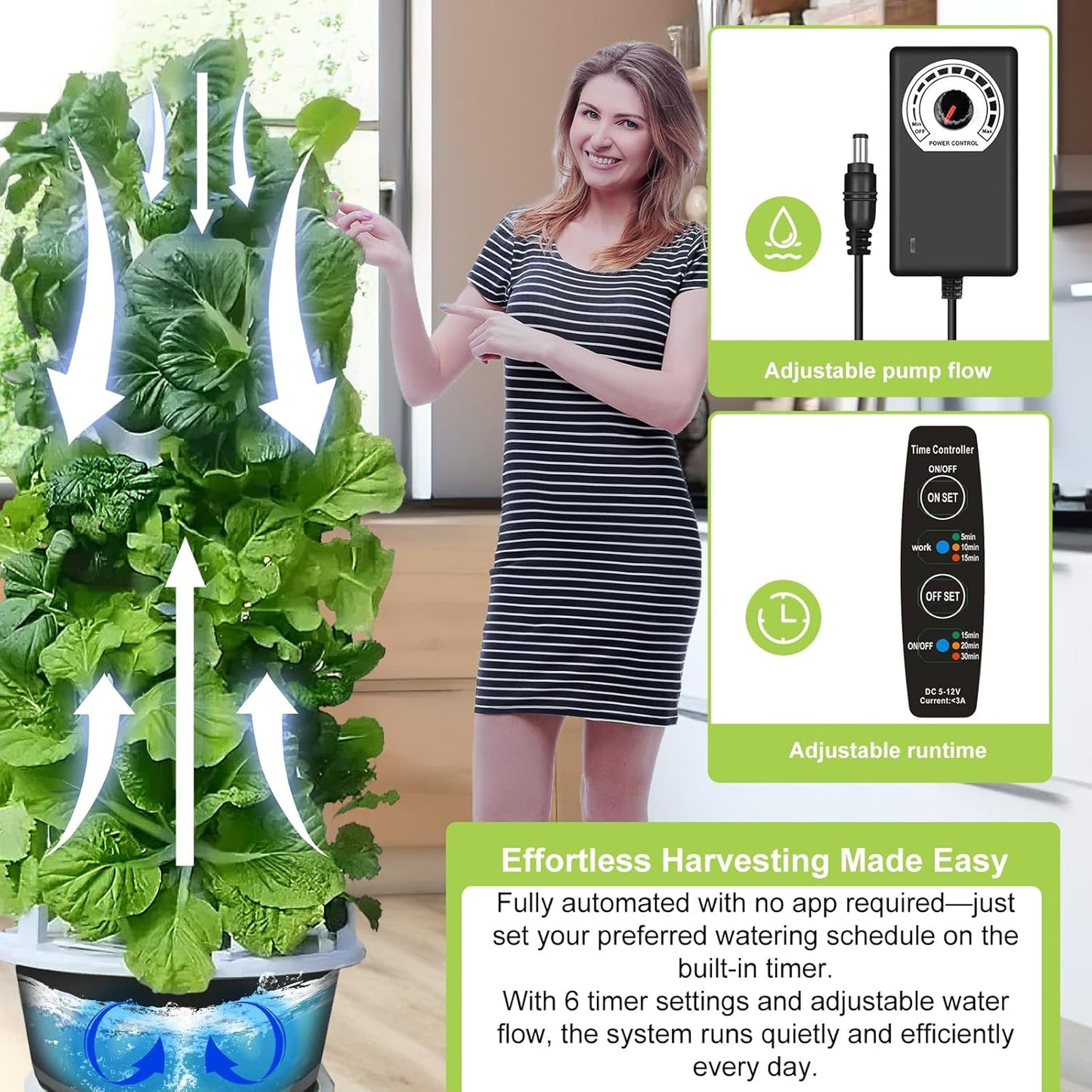 Hydroponic System Kit, Hydroponic Vertical Garden, Lettuce & Herb Starter Kit, with 36 Plant Holes, 9-Tier Indoor Outdoor Growing Tower with Climbing Trellis and Timer