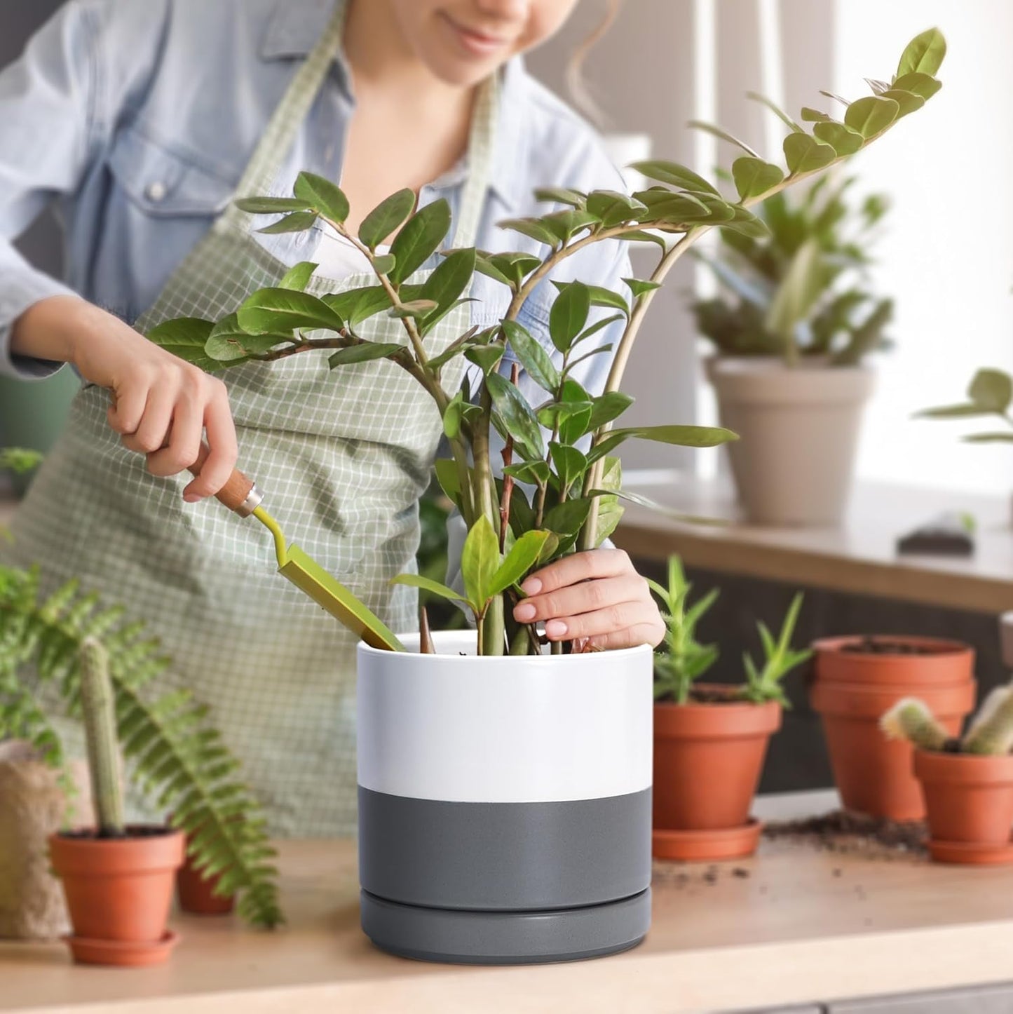 D'vine Dev 4 Inch & 6 Inch & 8 Inch, Set of 3 Round Ceramic Planter Pot with Drainage Hole and Saucer, White/Speckled Grey, 94-T-M-6