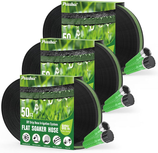 Flat Soaker Hose 150FT for Garden and Lawns, 80% Water-Saving Drip Irrigation Hose with Anodized Aluminum Ends, Flexible Leakproof Double Layer Gardening Hoses(50FT X 3Pack) ﻿