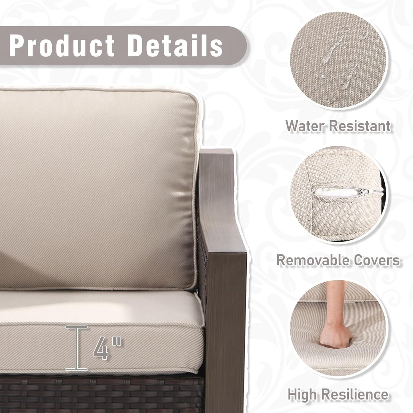 4 Piece Wicker Patio Conversation Set, All-Weather Use Outdoor 2 PE Rattan Swivel Chair, 2 Ottoman, Removable Water-Resistant Cushion, Ideal for Porch, Backyard, Balcony, Poolside, Beige