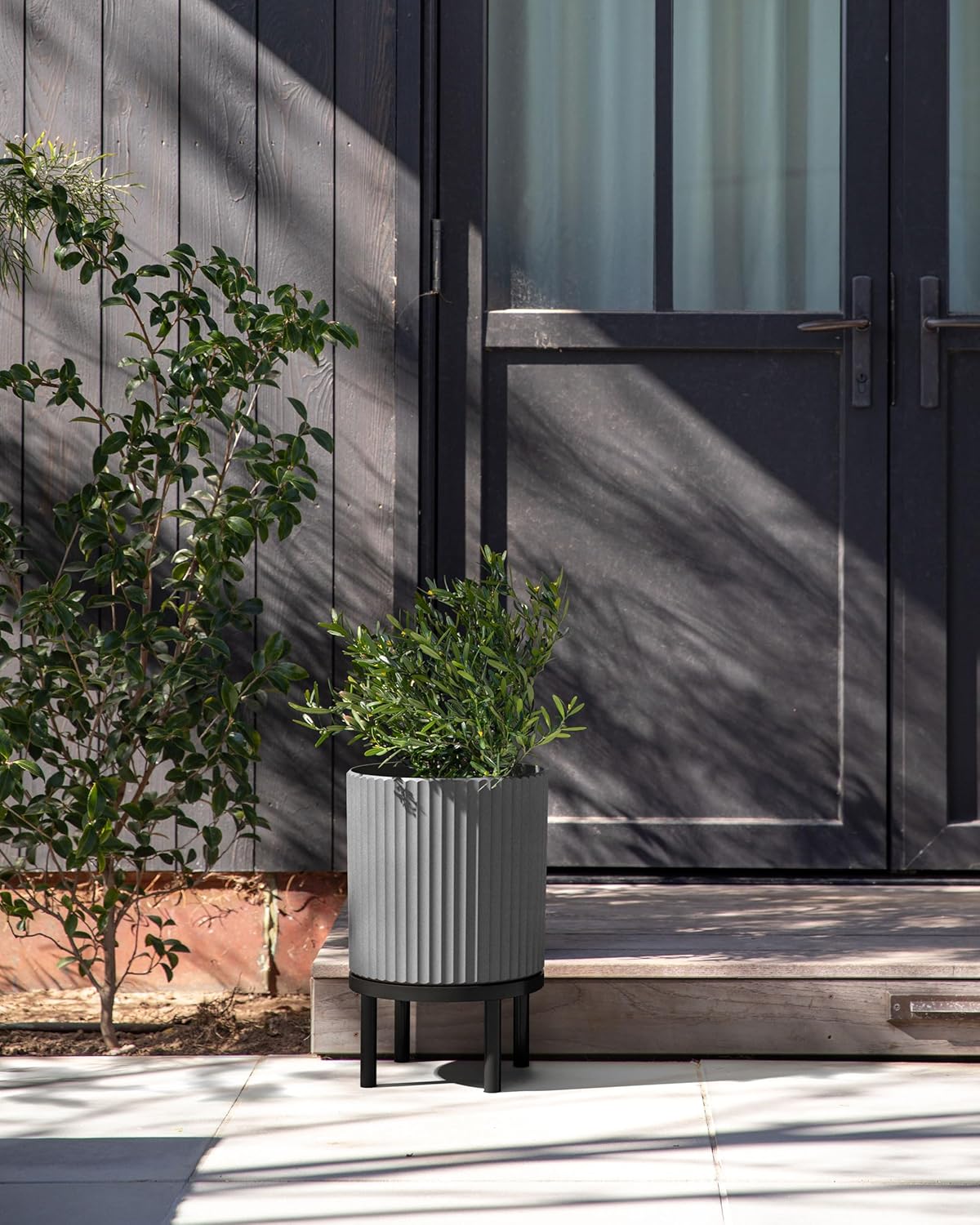 Veradek Demi Series Round Planter w/ Stand for Porch/Patio | Durable Plastic-Concrete & Wooden Stand | Modern Décor for Tall Plants, Flowers