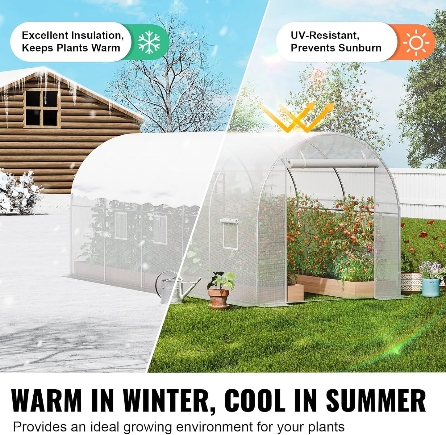 VEVOR Walk-in Tunnel Greenhouse, 14.6x6.4x6.3 ft Hoop House Greenhouse Tunnel, Plant Hot House with Galvanized Steel Frame, White PE Cover, Roll-up Zipper Door and 8 Windows for Outdoor