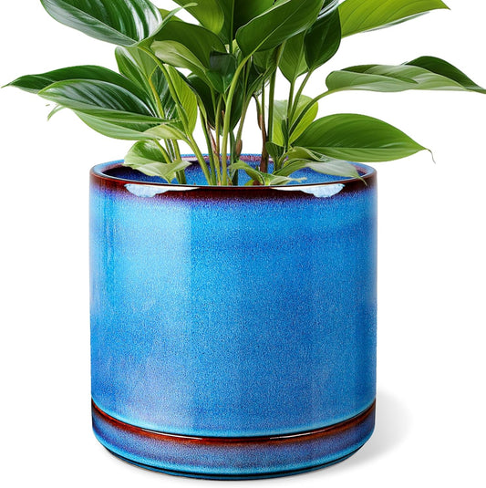 EFISPSS Ceramic Planter 8 Inch, Ceramic Plant Pots with Drainage Hole and Saucer, Indoor Modern Flower Pot for Home and Office Flower Pot - Blue
