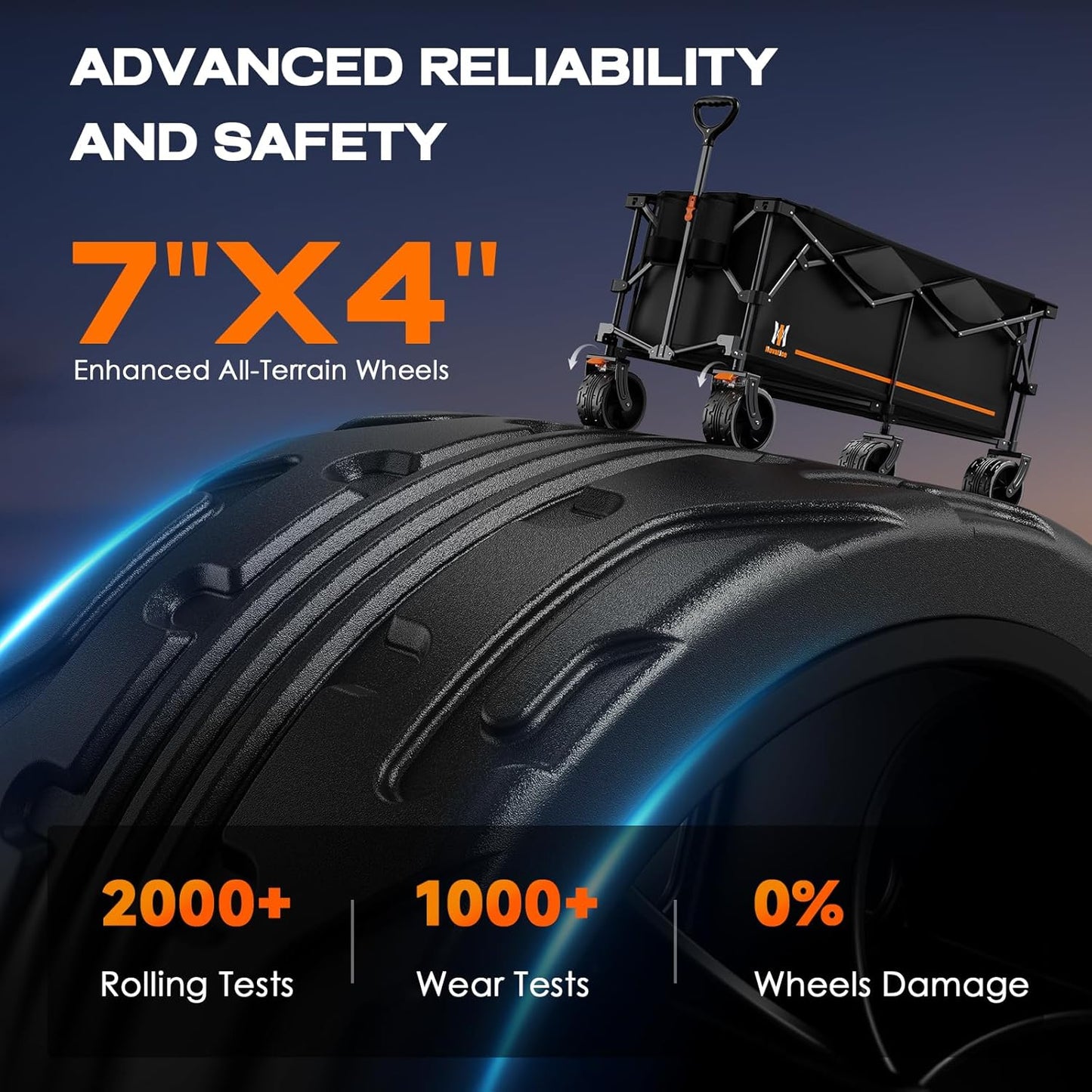 Navatiee 300L Extra Large Collapsible Wagon Cart Foldable, 48''L Extended Heavy Duty Folding Beach Wagon with 440LBS Weight Capacity and Big Wheels, Utility Garden Cart for Sports Camping