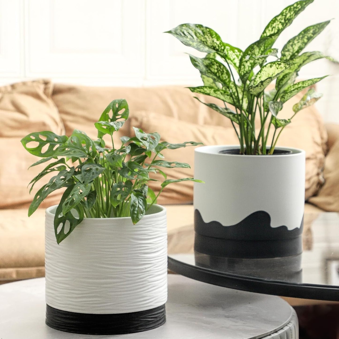 Nihow Ceramic Plant Pot: 8 Inch Planter with Drainage Hole & Saucer for Indoor & Outdoor Plants - Cylinder Round Flower Pot for Succulent/Herbs/Violets - White & Wave Black
