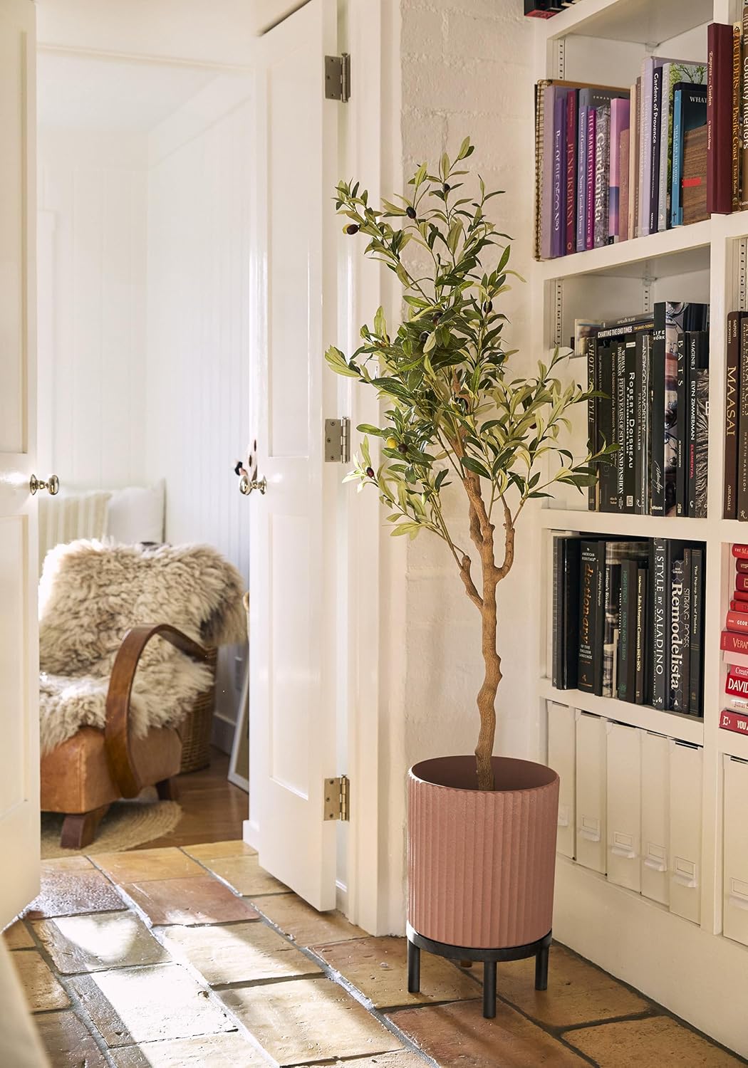 Veradek Demi Series Round Planter w/Stand for Porch/Patio | Durable Plastic-Stone Composite & Wooden Stand | Modern Décor for Tall Plants, Flowers