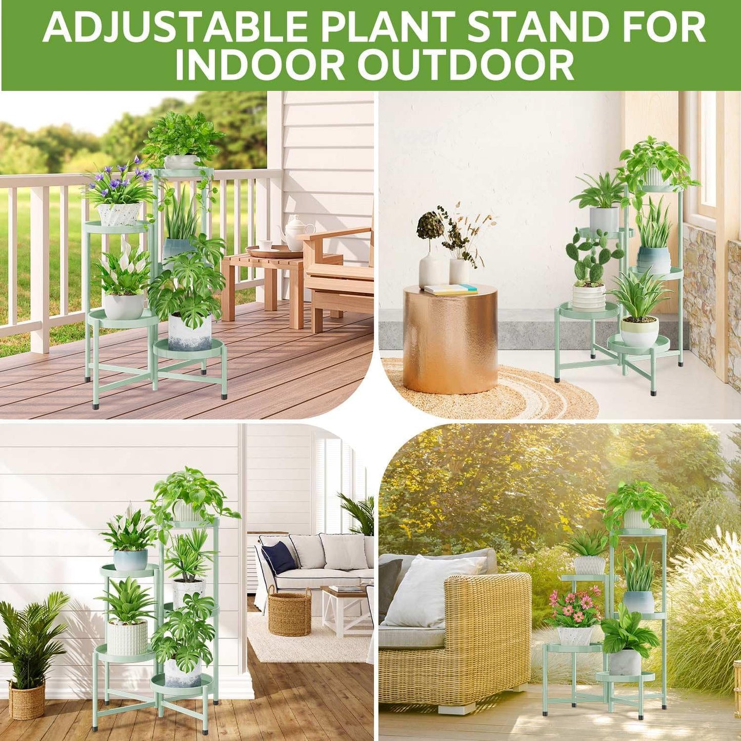 iDavosic.ly 5 Tier Large Plant Stand Indoor, 10 Inch Wide Corner Tall Metal Plant Stands Outdoor for Multiple Plants, Folding Tiered Flower Display Holder Rack Shelf, Light Green