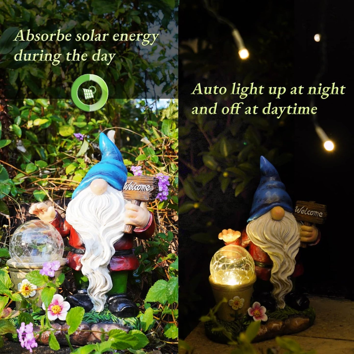 DiliComing Solar Garden Gnomes Outdoor Statues - Cute Gnome Statue with Welcome for Yard Patio Porch Lawn, Resin Gnome Figurine with Solar Light for Thanksgiving and Christmas
