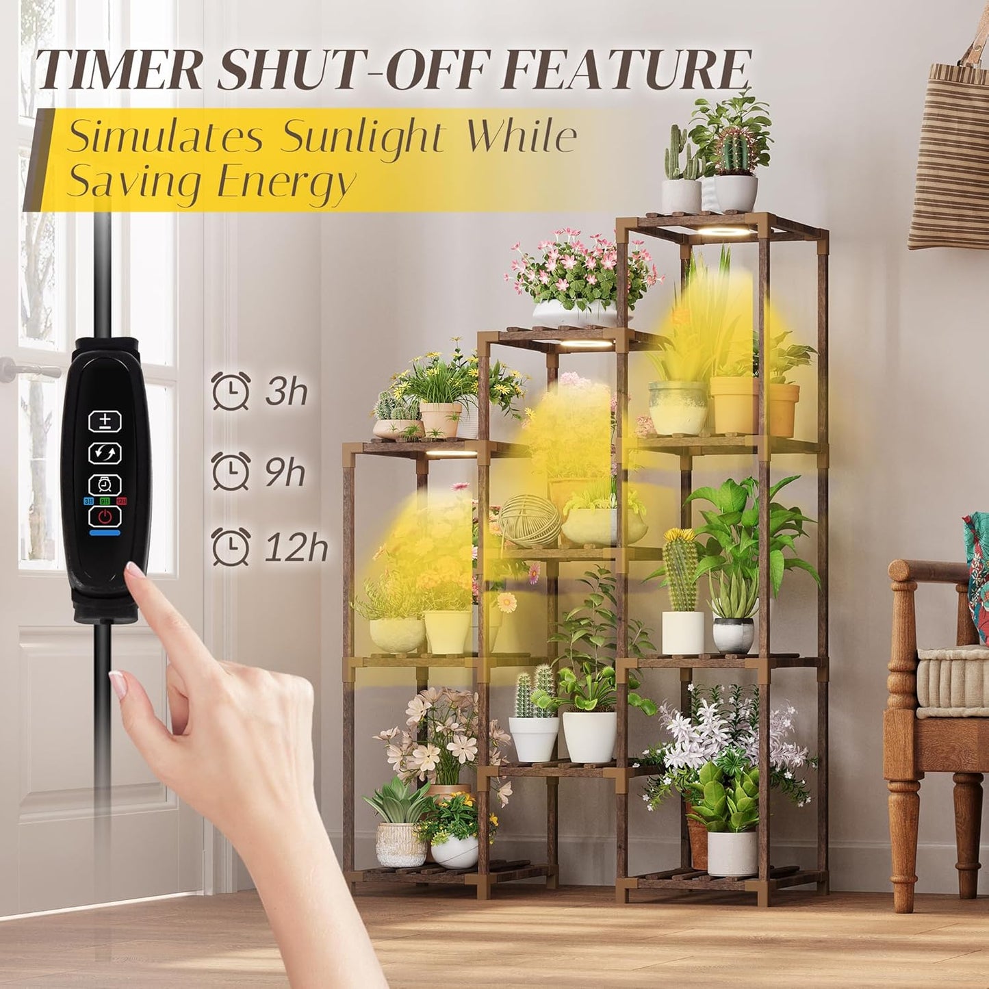 Wooden Plant Stand Indoor with Grow Light, 4-Tier Ladder Plant Shelf for Balcony, Living Room, or Corner | Carbonized Wood Plant Holder for Indoor Use, Space-Saving Design