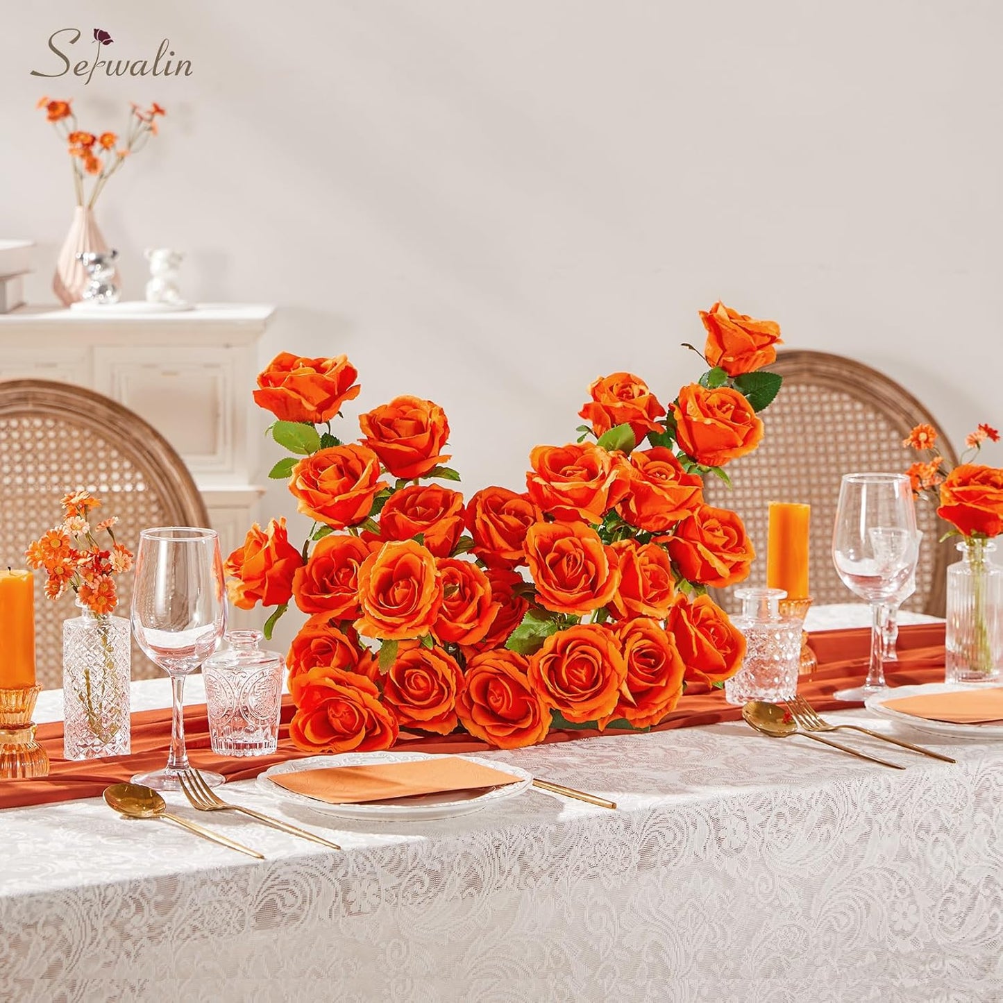Serwalin 30pcs Artificial Roses Flowers, Orange Fake Roses with Long Stems Realistic Silk Roses for Wedding Bridal Bouquet Arrangement Centerpieces Party Home Decor