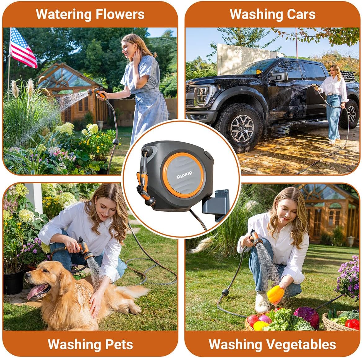 Ruvup Retractable Garden Hose Reel, 5/8in x 100ft Water Hose Reel with Metal Bracket, UV Resistant Automatic Hose Reel Wall Mount for Outside, Slow Retraction Any Length Lock 10 Spray Nozzle