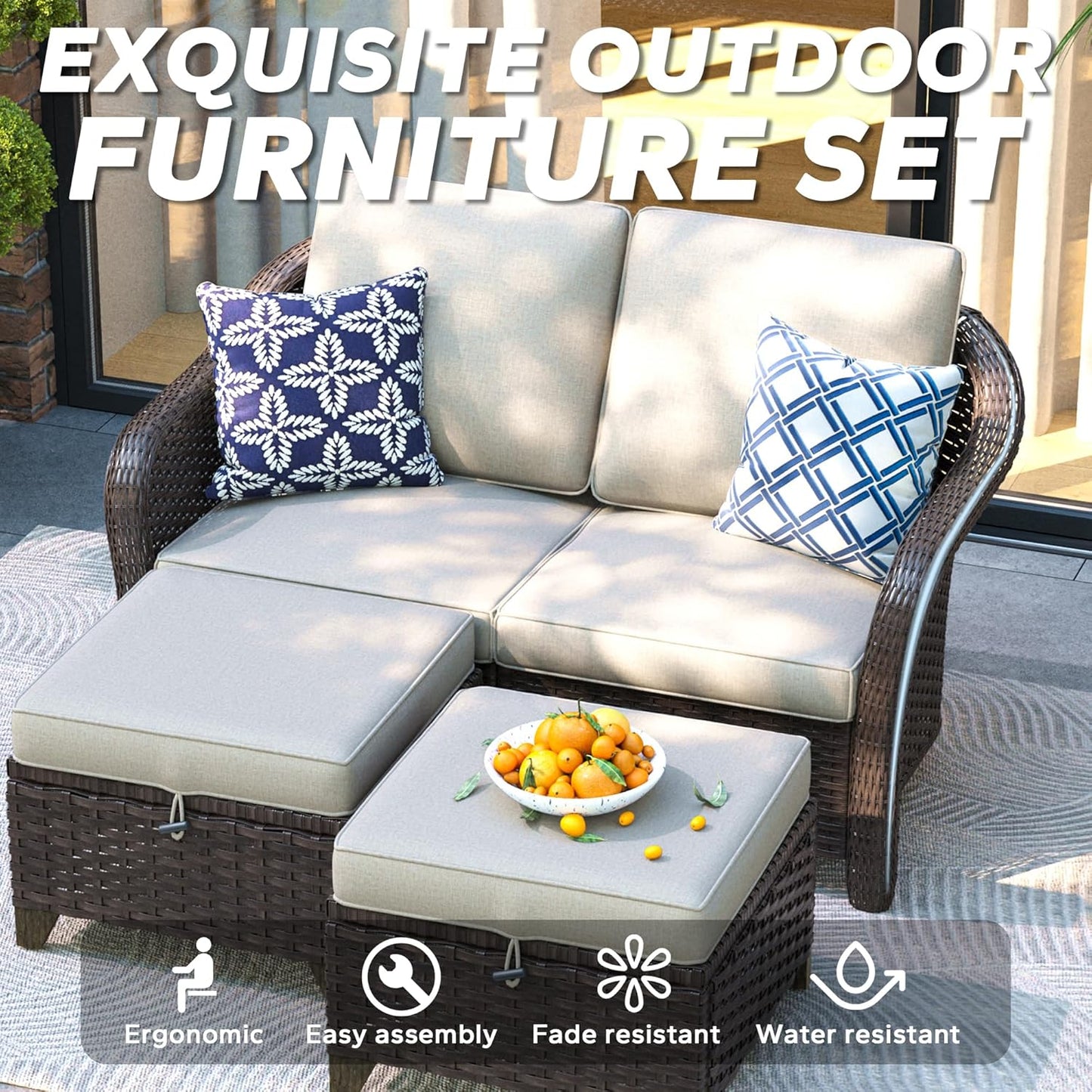 3 Pieces Patio sectional Sofa Set, Outdoor Conversation Furniture Set, 55" Patio Couch with 2 Ottomans, Rattan Wicker Sofa with Removable Cushions for Bistro, Deck (Beige)